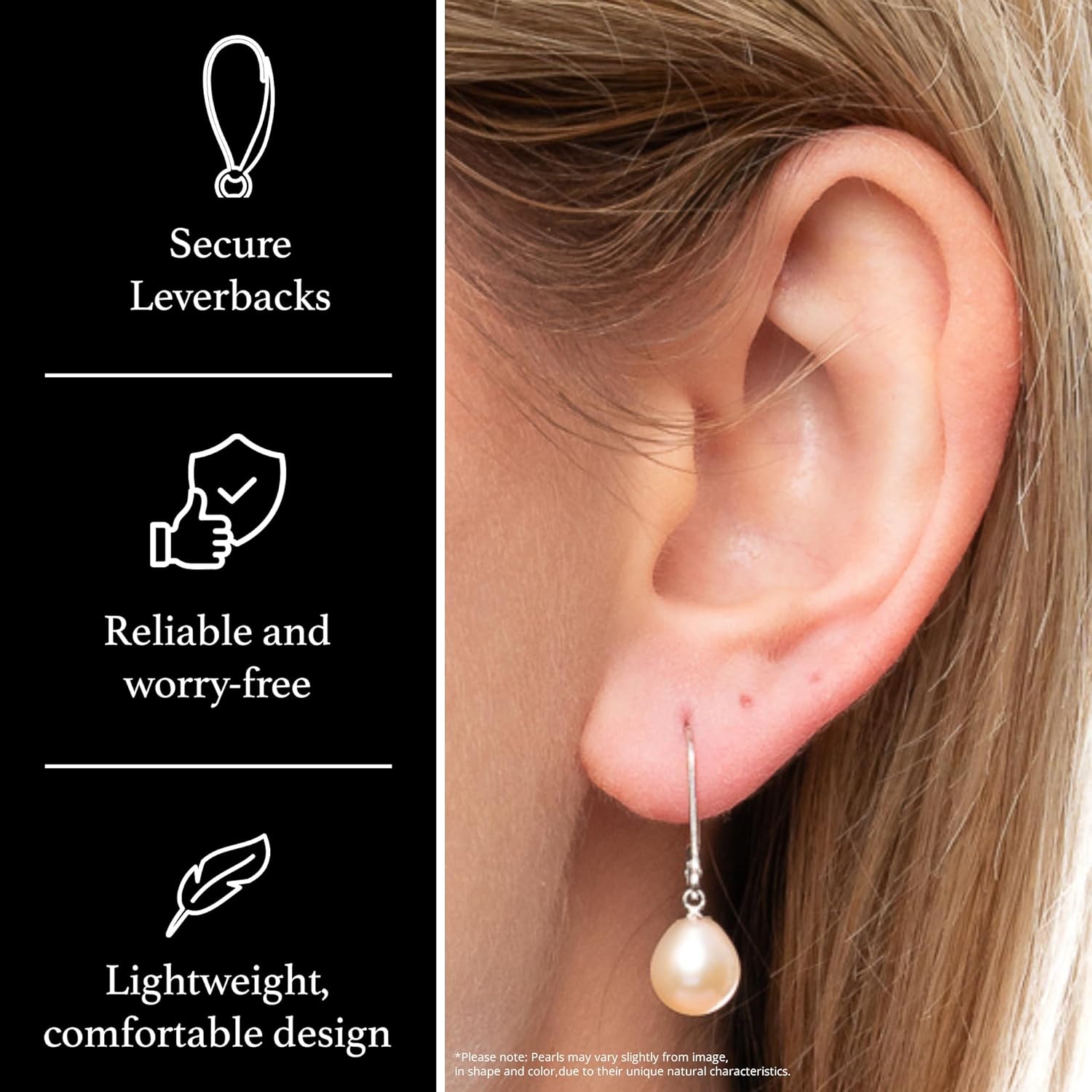 925 Sterling Silver 8mm Genuine Pearls Freshwater Cultured Lever-back Dangle Earrings for Women