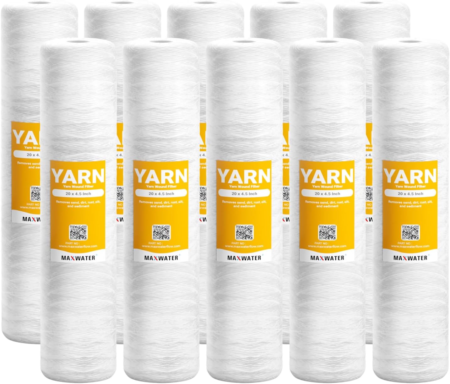 20 x 4.5 String-Wound Polypropylene Sediment Water Filter Cartridge for Well Water, 10 Pack