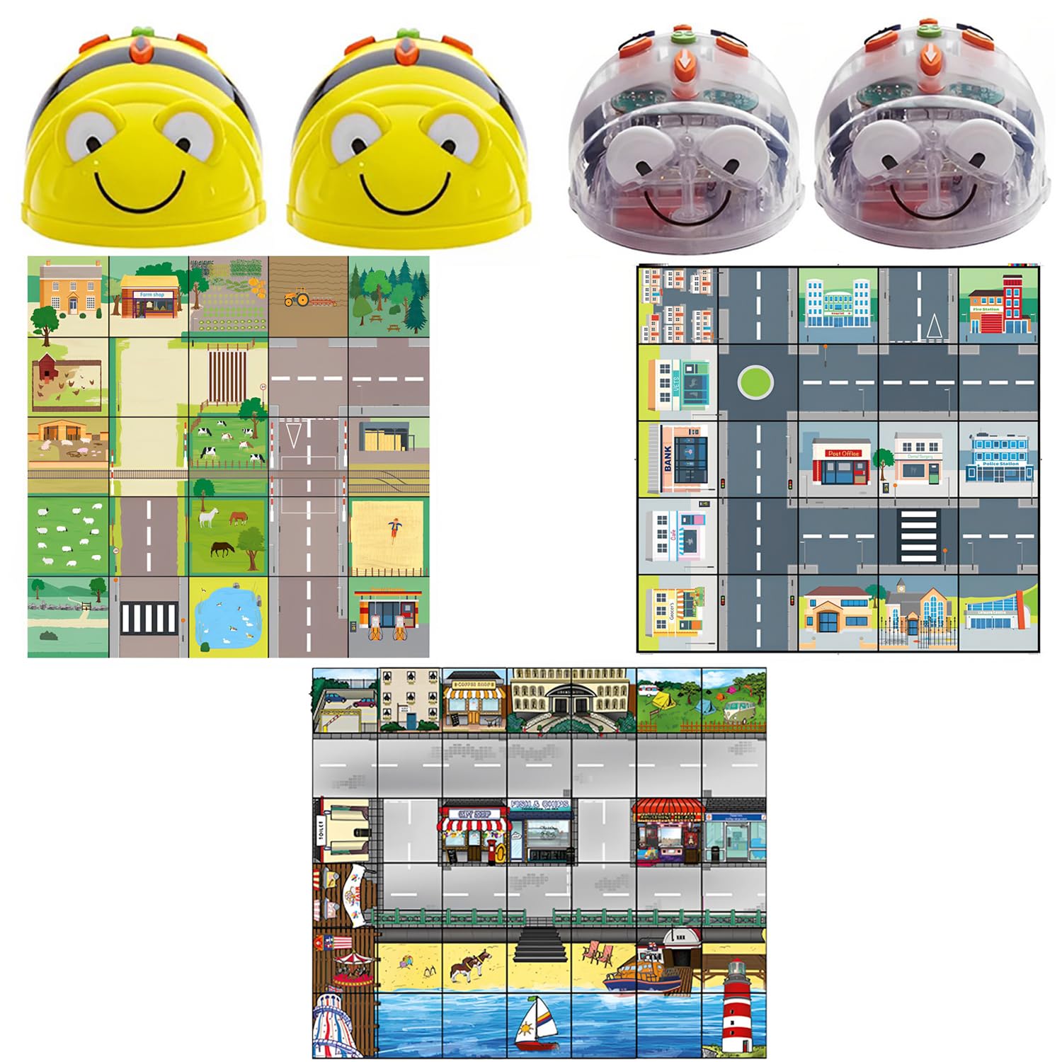 Bee-Bot & Blue-Bot Bundles See & Say Classroom Kids Learning Floor Robots Set with Floor Mats Seaside Mat, Countryside Mat, and People Who Help Us Mat
