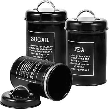 1000ml Tea Coffee Sugar Canisters Set, 3pcs Round Metal Decorative Kitchen Food Storage Tin with Easy to Open Airtight Lids and Handle for Home Kitchenblack B