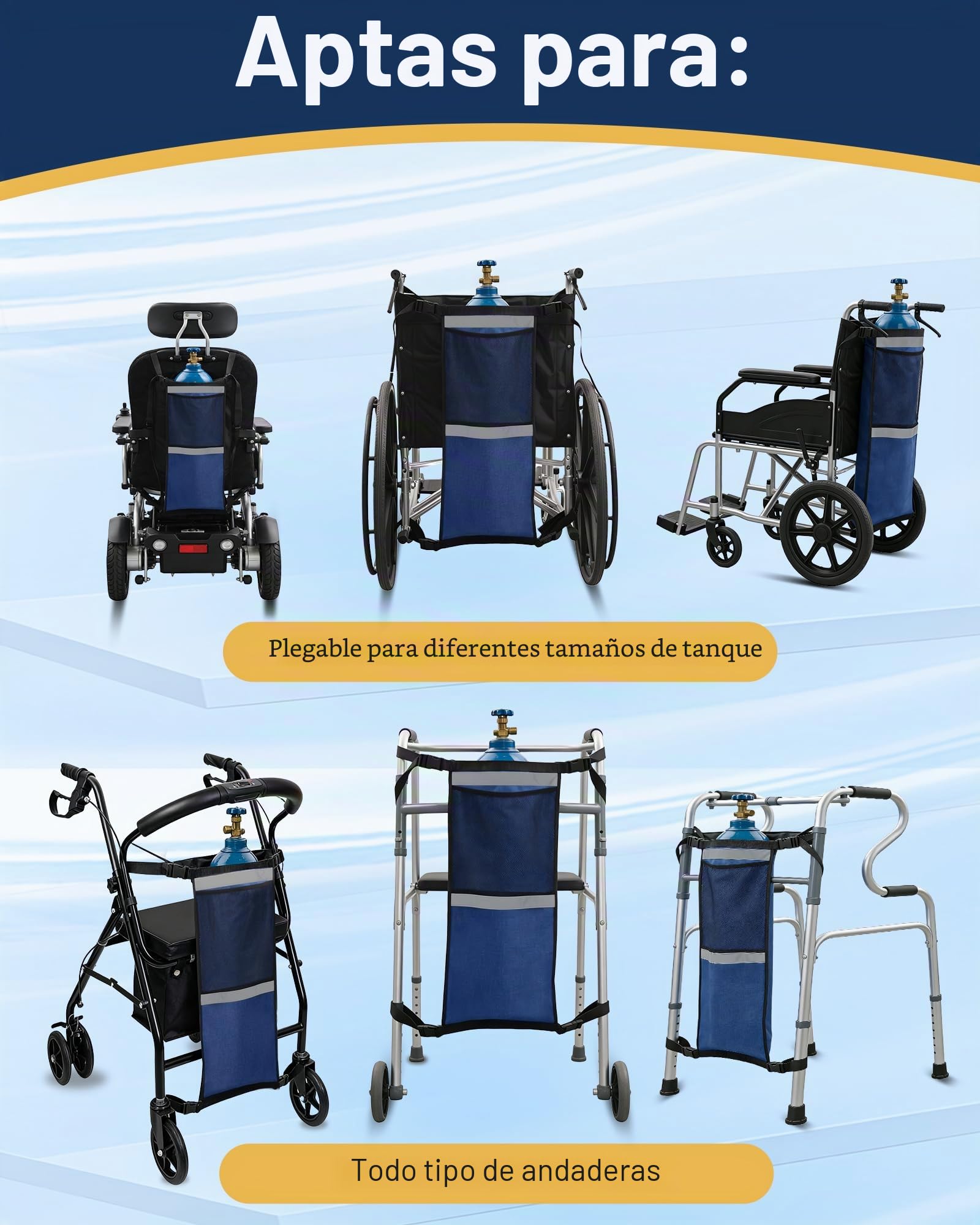 Portable Oxygen Cylinder Bag Für Rollstühle (Blau, Einzelpackung) Soporte de Tanque de Oxígeno para Silla de Ruedas y Andador, Tiras Reflectantes de Seguridad, Soporte Doble Ajustable