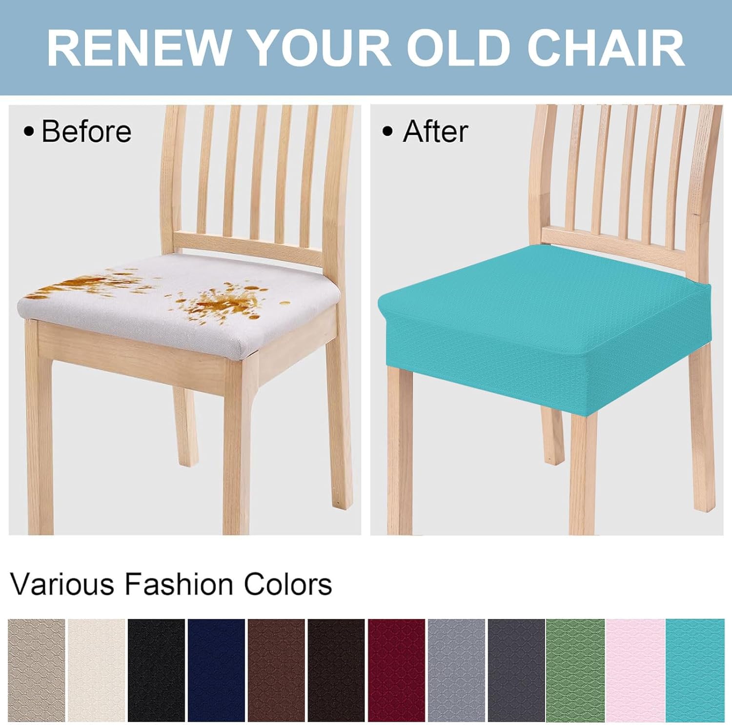Smiry Stretch Jacquard Seat Covers for Dining Room Chairs Set of 4, Removable Washable Chair Seat Protector Slipcovers, No Rear Covers, Aqua