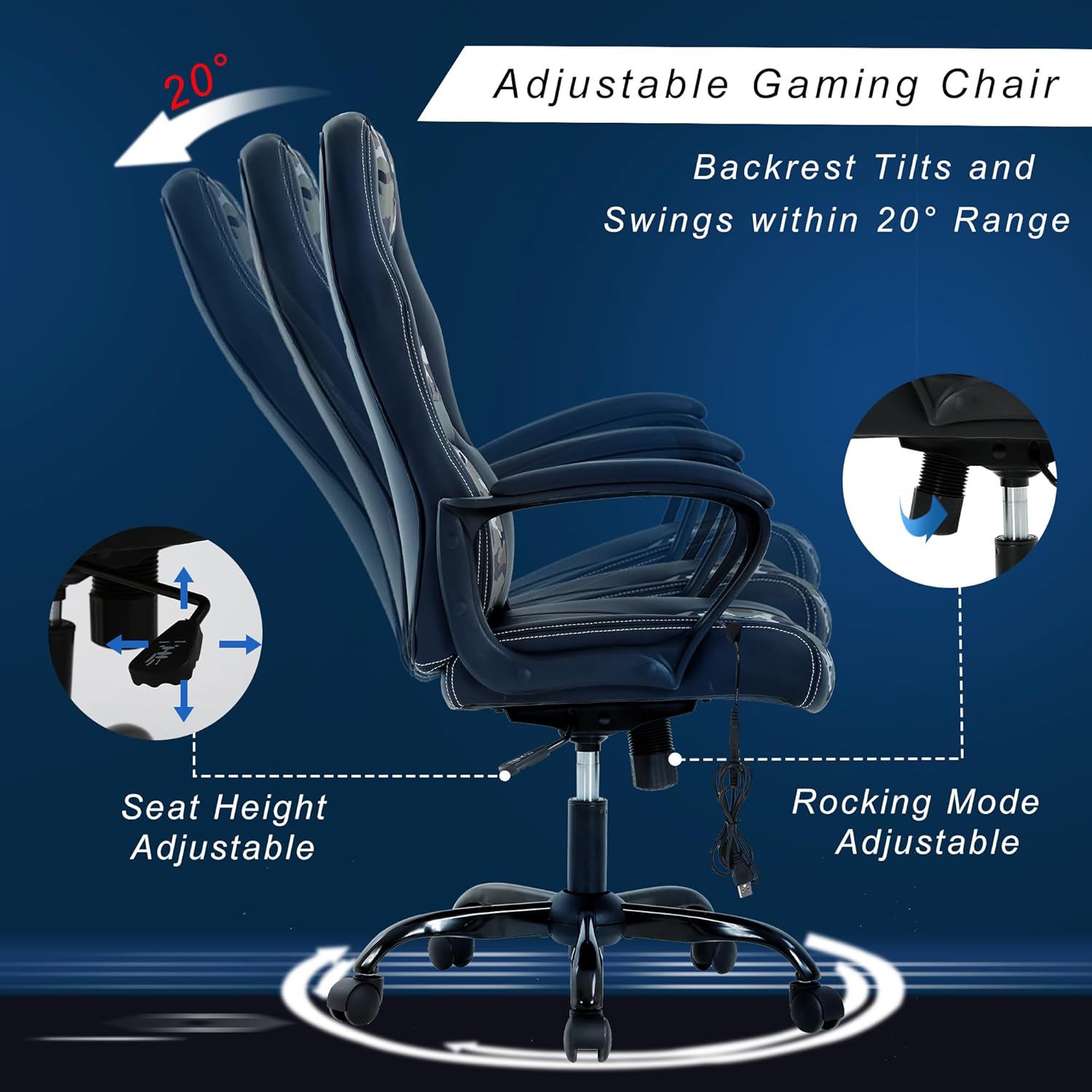 Gaming Chair With Massager, Ergonomic Office Video Gaming Computer Leather Desk Racing, Comfy Massage Silla Gamer for Adults and Kids, Camo