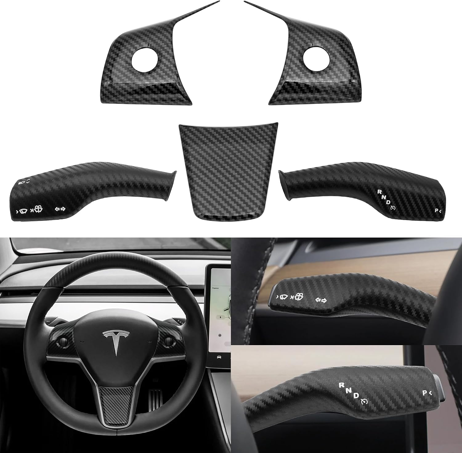 5PCS Carbon Fiber Steering Wheel Trim & Gear Shift Cover for Tesla Model 3 (2021-2023) and Model Y (2019-2024), Tesla Steering Wheel Interior Accessories Set