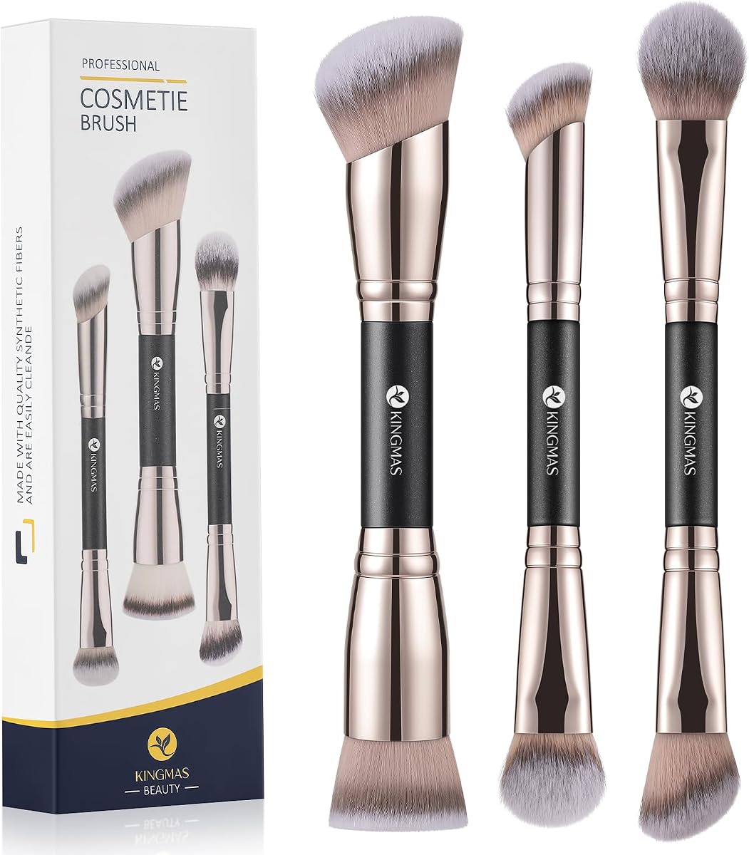 KINGMAS Foundation Concealer Contour Brush Set, 3Pcs Makeup Brushes | Dual-Ended Face Makeup Brush for Liquid, Powder, Bronzer, Concealer, Cream, Blush, Blending, Cruelty-Free & Vegan