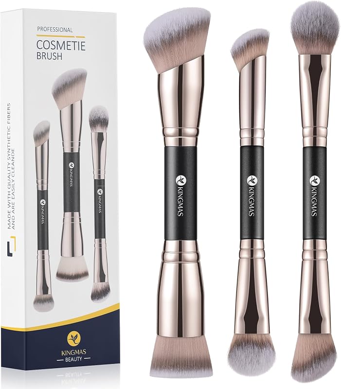 KINGMAS Foundation Concealer Contour Brush Set, 3Pcs Makeup Brushes | Dual-Ended Face Makeup Brush for Liquid, Powder, Bronzer, Concealer, Cream, Blush, Blending, Cruelty-Free & Vegan