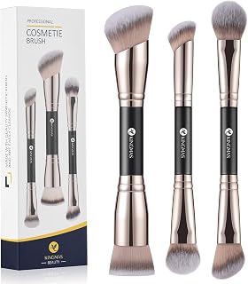 KINGMAS Foundation Concealer Contour Brush Set, 3Pcs Makeup Brushes | Dual-Ended Face Makeup Brush for Liquid, Powder, Bronzer, Concealer, Cream, Blush, Blending, Cruelty-Free & Vegan