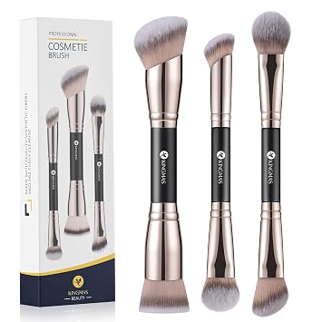 KINGMAS Foundation Concealer Contour Brush Set, 3Pcs Dual-Ended Makeup Brushes for Liquid, Powder, Bronzer, Concealer, Cream, Blush, Blending Face Makeup, Cruelty-Free & Vegan