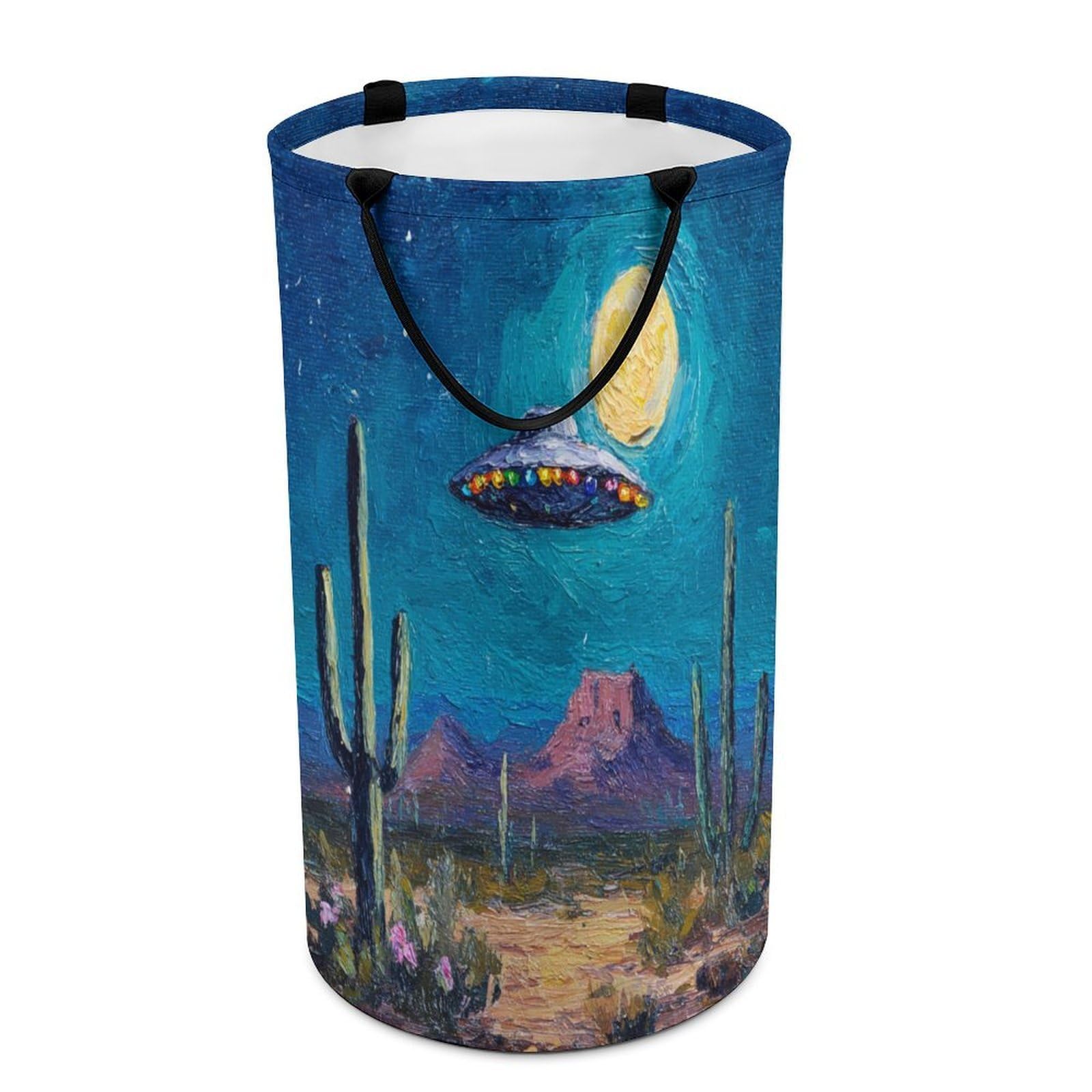 LUYYSKY Vintage Realistic Western Desert Collapsible Dirty Clothes Basket, Retro Oil Painting Full Moon Landscape Plant Cactus Floral UFO Portable Clothes Storage Laundry Basket-40 CM Dia, 69 CM High