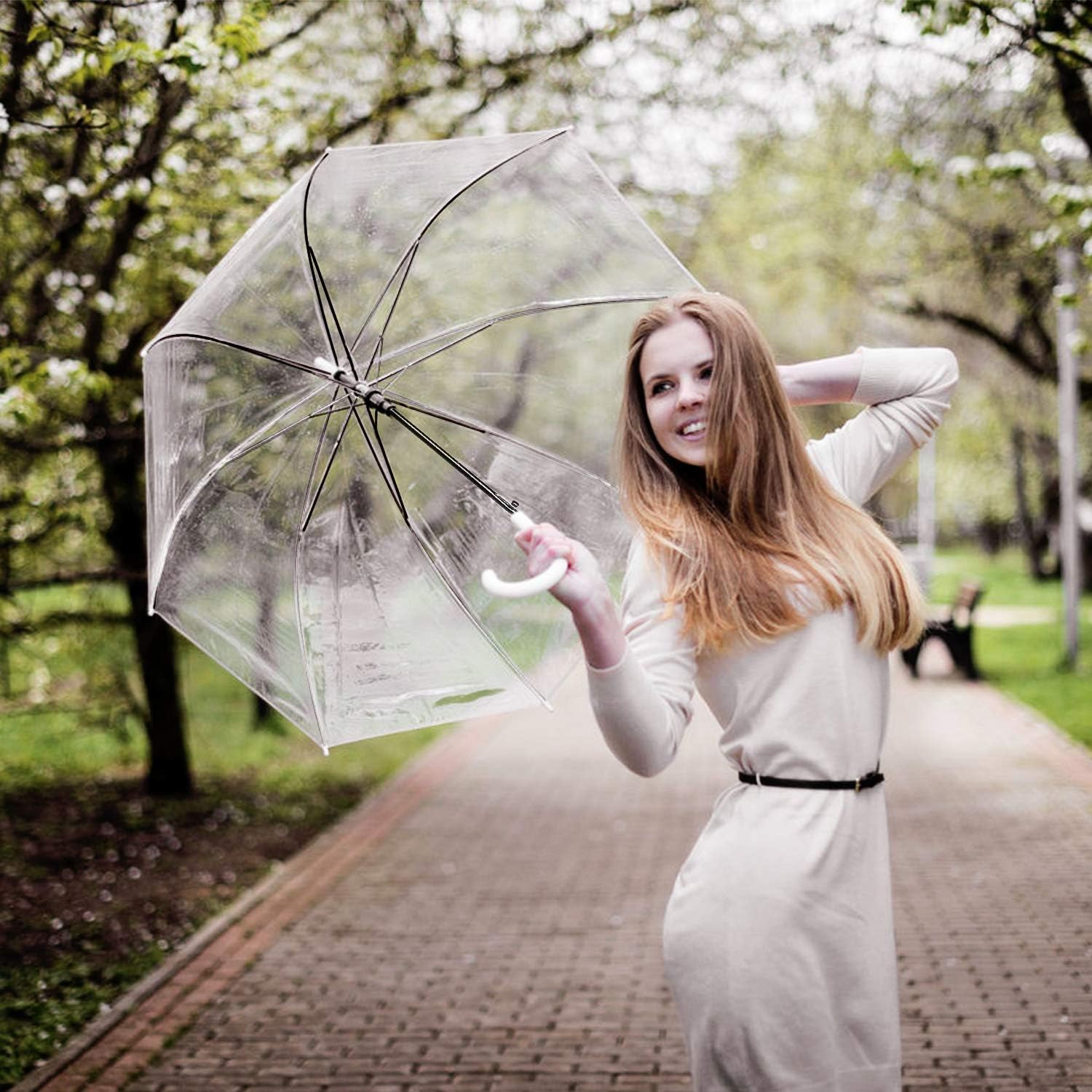 WASING 10 Pack 46 Inch Clear Bubble Umbrella Large Canopy Transparent Stick Umbrellas Auto Open Windproof with White European J Hook Handle Outdoor Wedding Style Umbrella for Adult : Clothing, Shoes & Jewelry