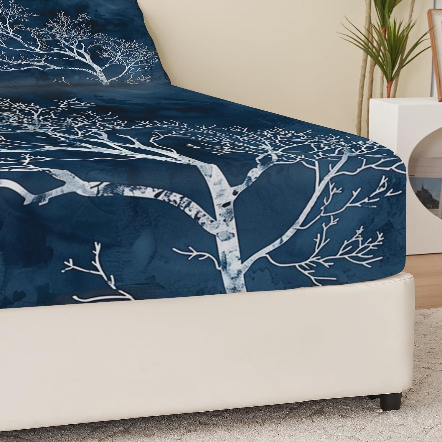 Print Fitted Sheet Set King Size for Kids Boys Girls, Bed Sheets Tree Bare Tree Branch Blue Pattern Fitted Sheet Adults Flat Sheet Soft Luxury, Home Room Decor 4Pcs
