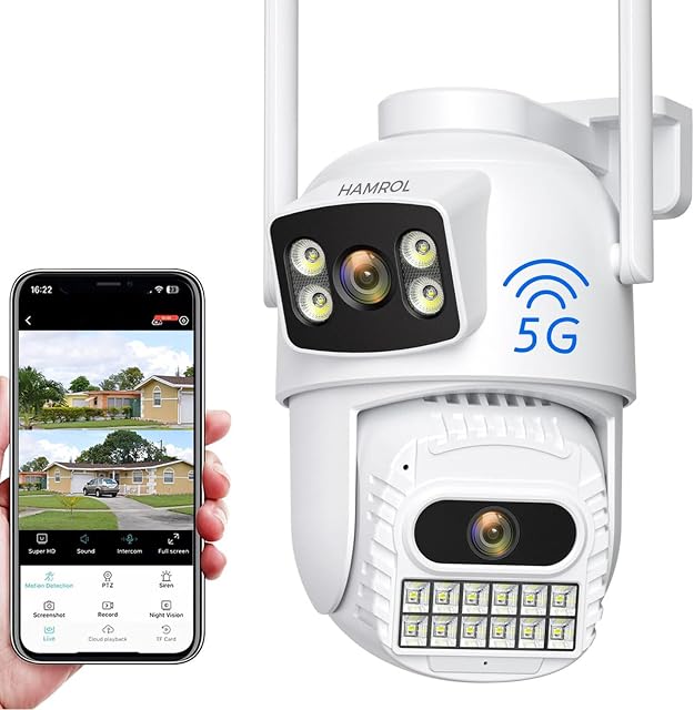 4K 8MP Caméra de sécurité double objectif en plein air, 2.4Ghz/5GhZ WiFi 360°PTZ Caméra Surveillance Exterieur, Suivi Automatique, Détection Humaine, vision nocturne de Couleur, 2-Way Audio, IP66 imperméable