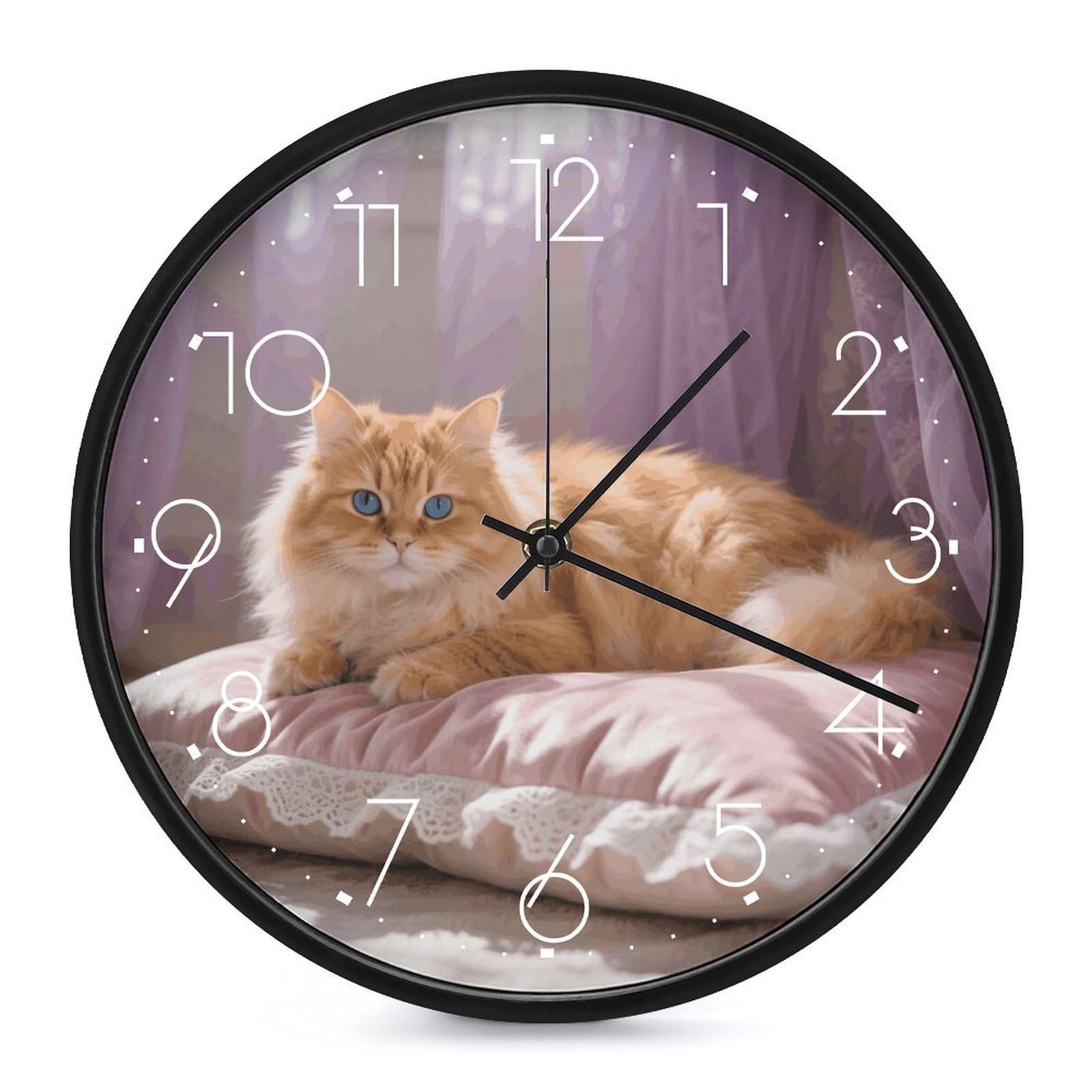 Horloge murale silencieuse pour chambre à coucher avec motif chat sur un oreiller