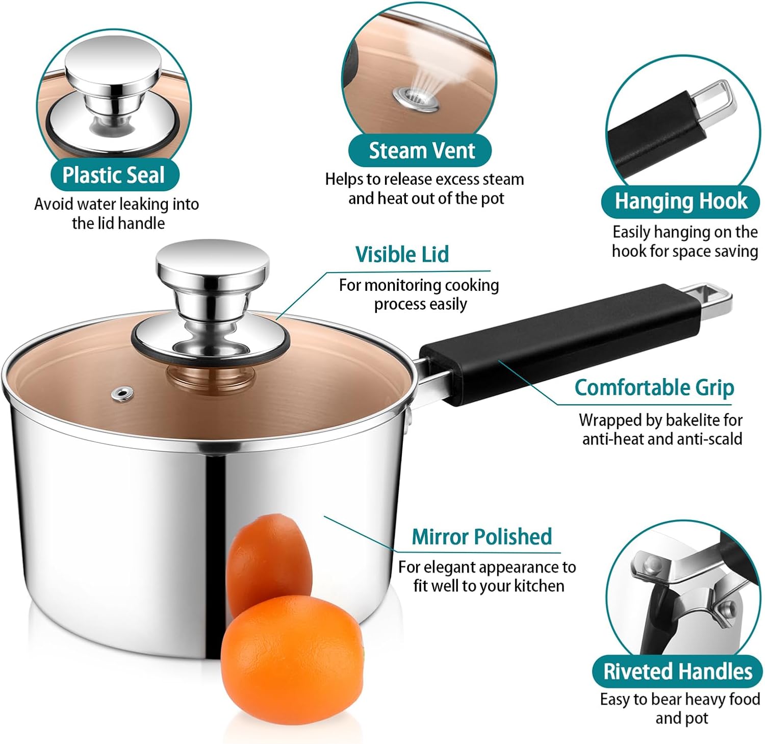 P&P CHEF 3 Quarts Sauce Pan and Pot with Lid, Tri-Ply Stainless Steel Saucepan Cookware for Induction & Multi Stoves, Heat-proof Handle & Visible Glass Lid, Dishwasher Safe