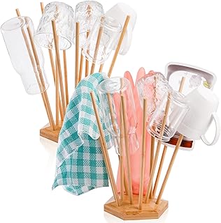Elsjoy Set of 2 Plastic Bag and Bottle Drying Racks, Bamboo Dryer Rack Stand with 12 Sticks, Reusable Bag Cup Drainer Holder for Kitchen Storage, Hexagon Base