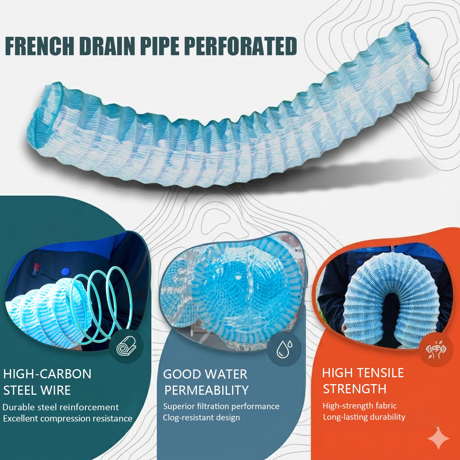 Tuyau d'évacuation ondulé perforé de 5,1 cm avec filtre non tissé, perméabilité toutes directionnelles pour drainage souterrain de jardin paysager (42 m)