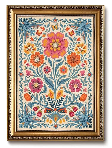 ZLPLLHA Vintage Floral Gold Framed Wall Art Mexican Pictures Wall Decor