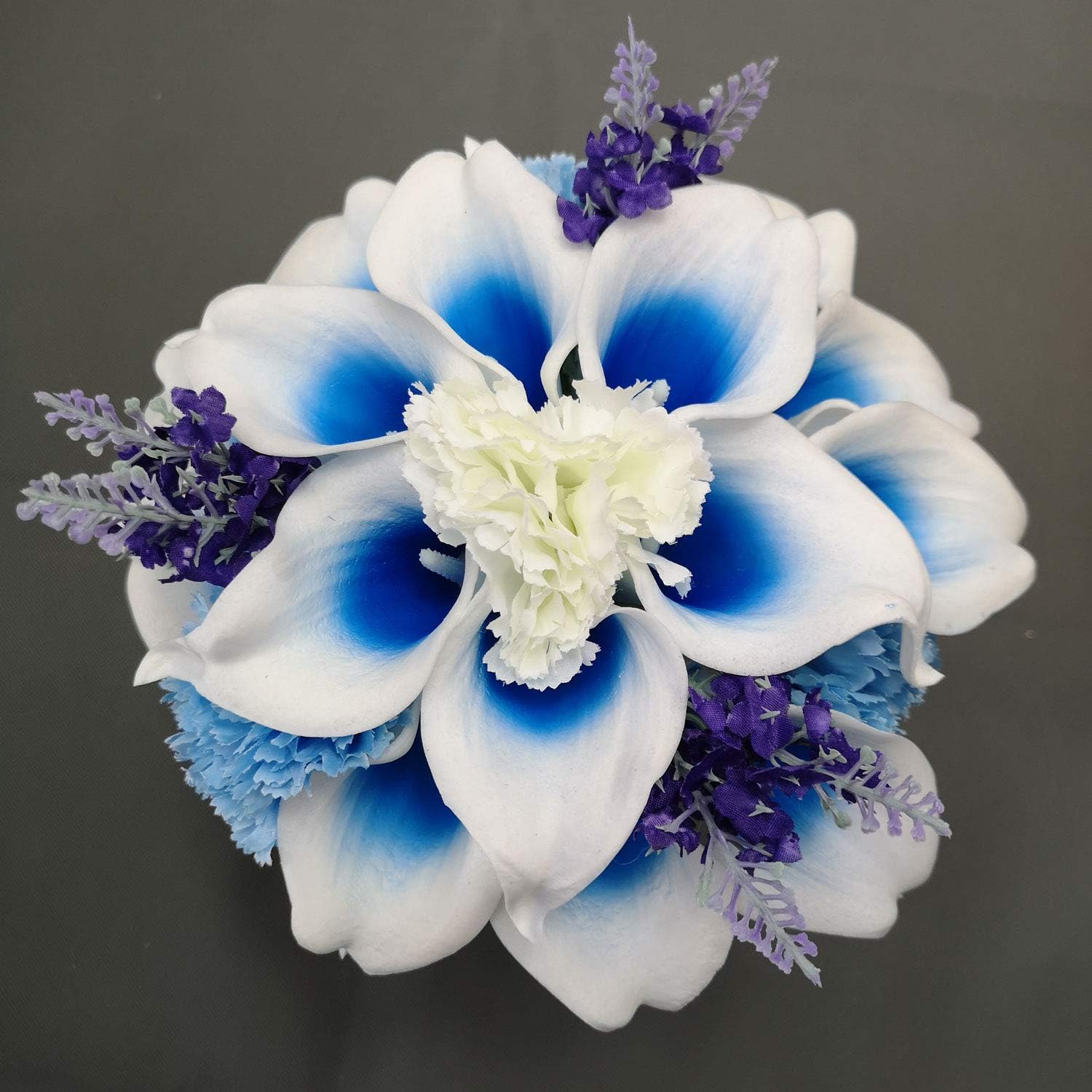 Royal Blue Picasso Calla Lilies Wedding Floral Set (Bouquet with Carnation and Lavender)
