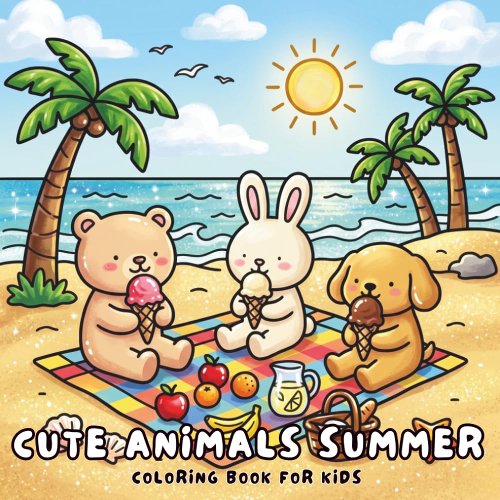 Cute Animals Summer Coloring Book for Kids: Fun Beach & Ice Cream Scenes with Adorable Animals — Perfect for Toddlers & Preschoolers