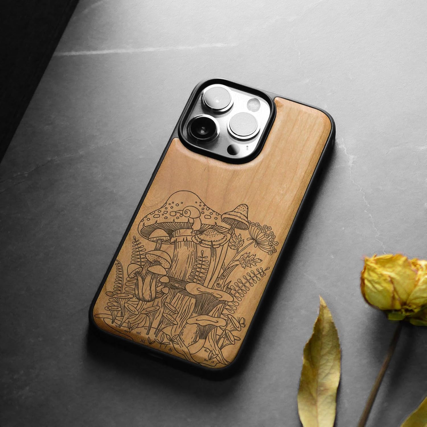 Carveit Magnetic Wooden Case for iPhone 15 Pro Max Case, Compatible with MagSafe Wireless Chargers, Black Soft TPU Shockproof Cover & Wood Artisan Engraved (Vintage Mushrooms) - Cherry