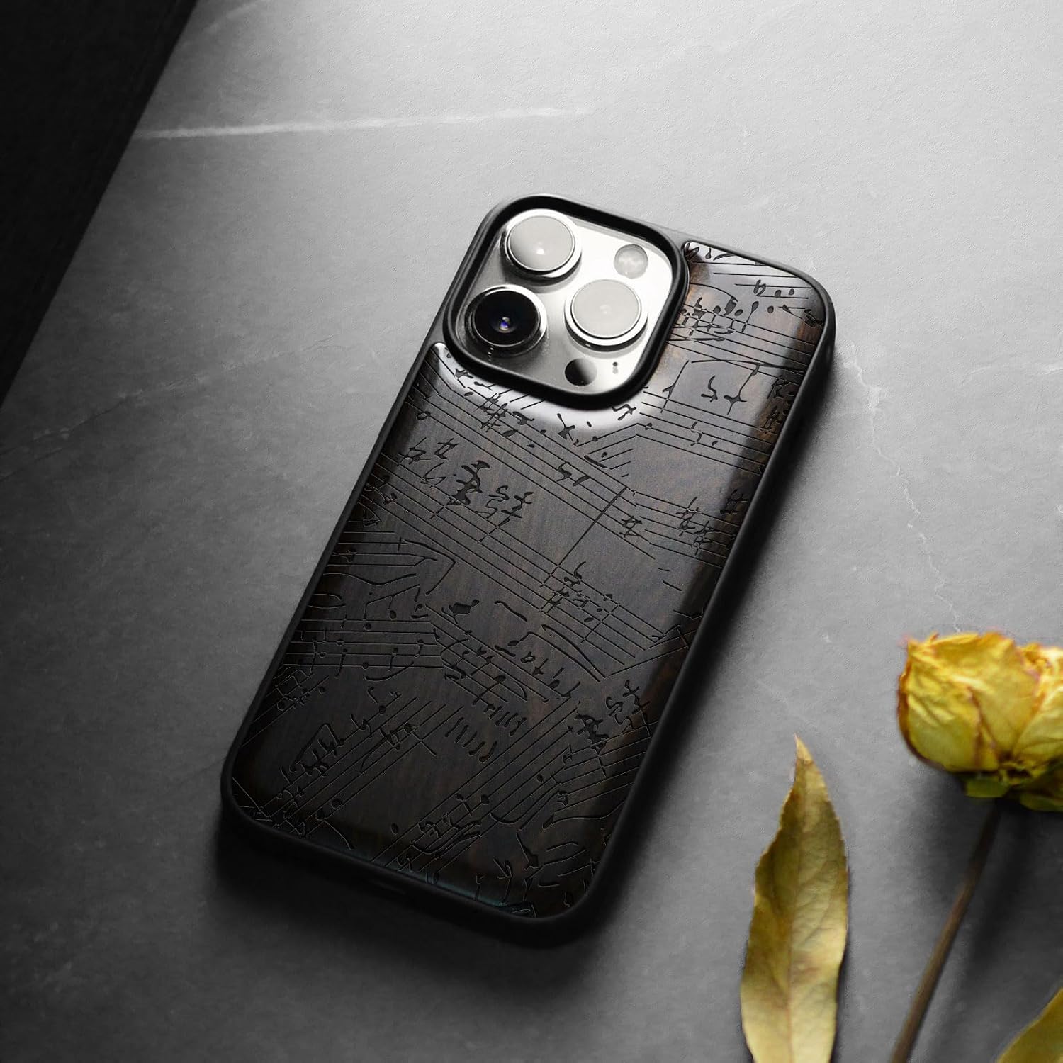 Carveit Magnetic Wooden Case for iPhone 15 Pro Max Case, Compatible with MagSafe Wireless Chargers, Black Soft TPU Shockproof Cover & Wood Artisan Engraved (A Symphony of Musical Notes) - Blackwood