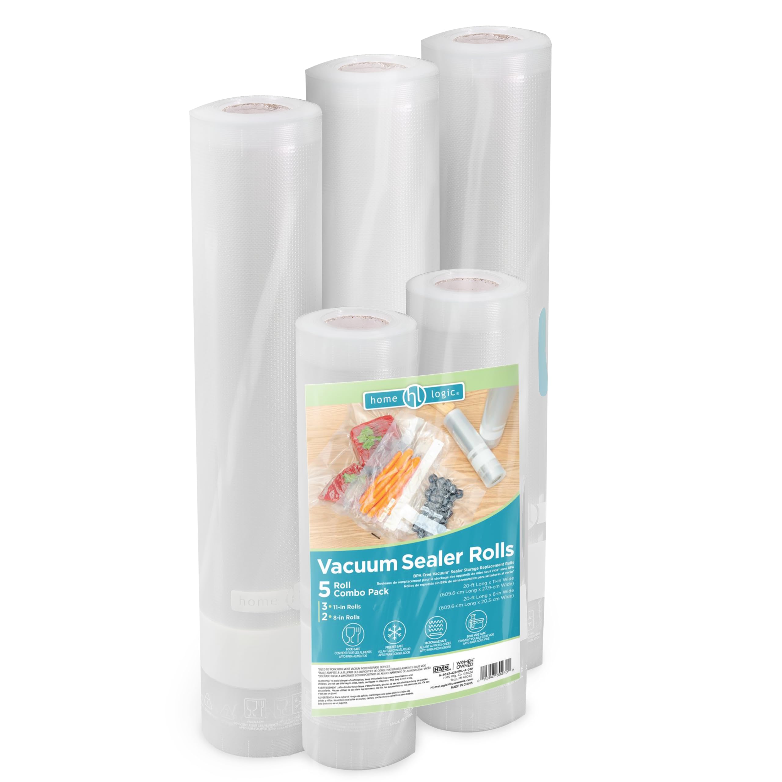 Home Logic Paquete combinado de rollos selladores al vacío, almacenamiento de alimentos seguro para congelador, microondas y Sous Vide, 3 x 11 pulgadas de ancho y 2 rollos de 8 pulgadas de ancho y 20
