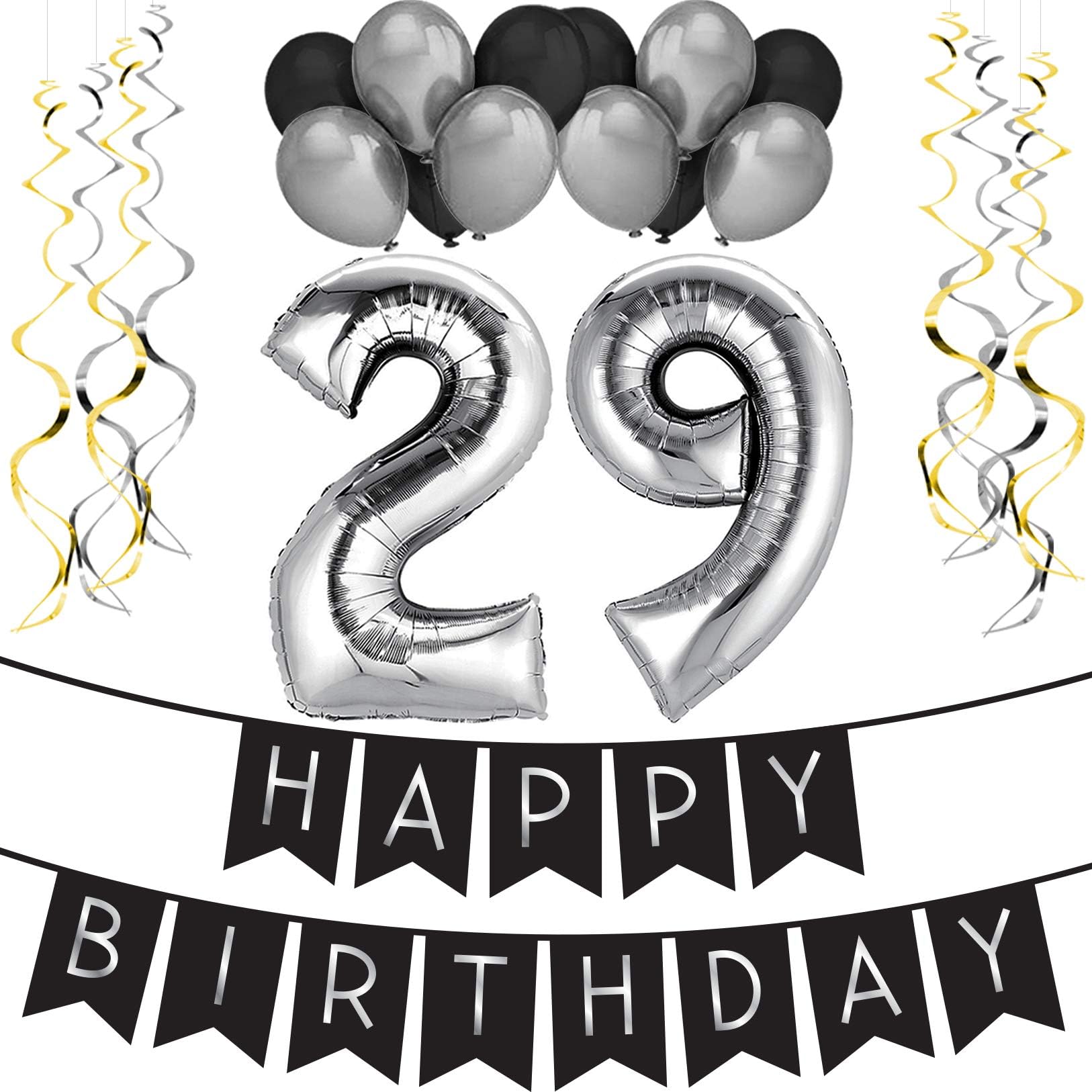 Sterling James Co. 29th Birthday Party Pack - Black & Silver Happy Birthday Bunting, Balloon, and Swirls Pack- Birthday Decorations - 29th Birthday Party Supplies