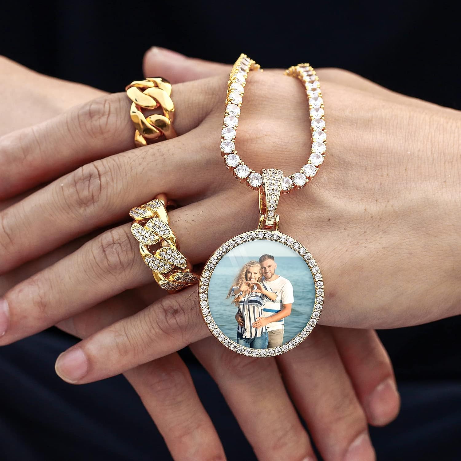 TUHE Custom Picture Necklace Personalized Hip Hop Iced out Round Pendant Photo Necklace for Men Women Memory Chain Necklace Customized with Text Engraving & Picture Necklaces Tennis/Robe/Cuban