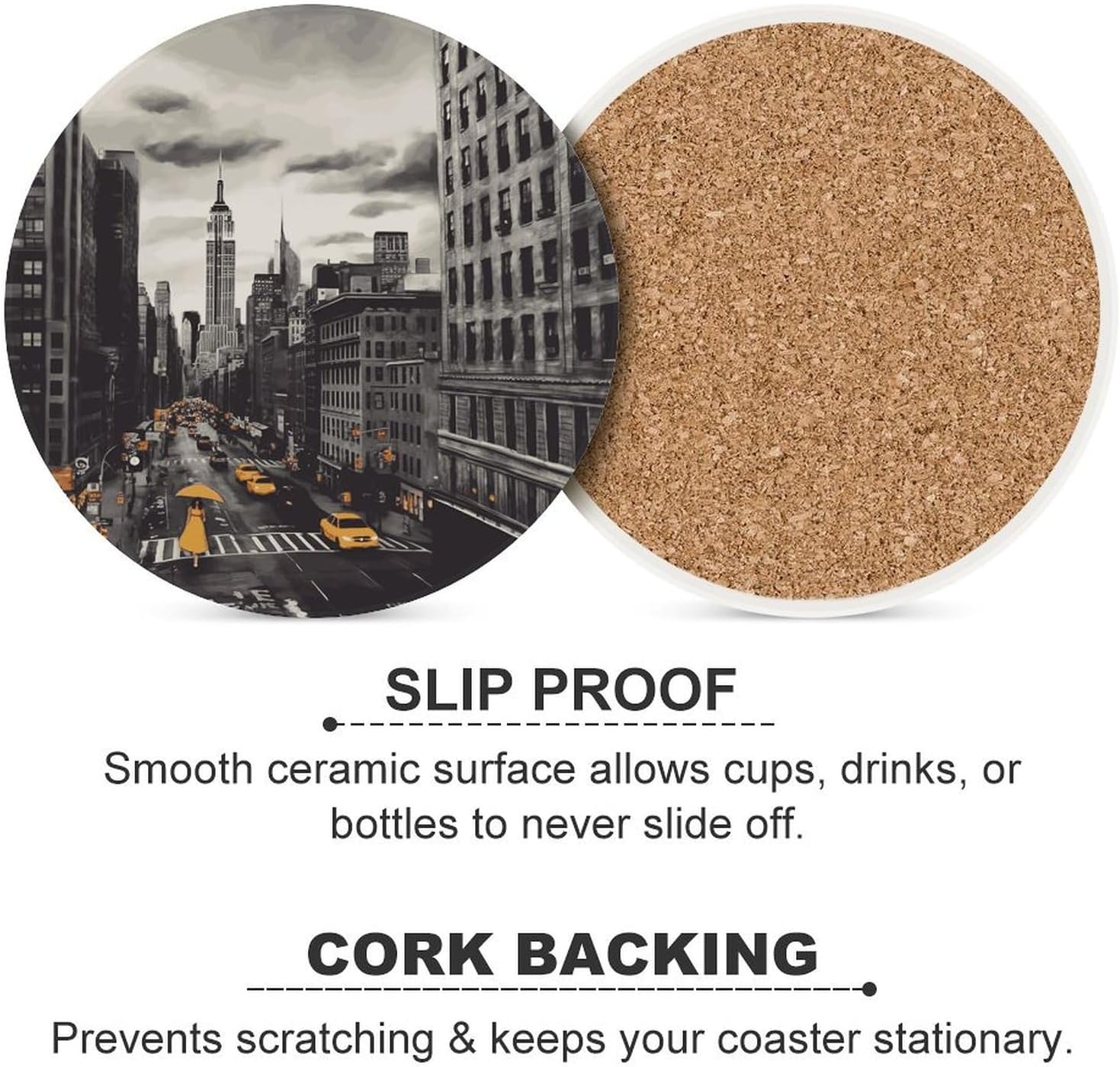 環境に優しいセラミックコースター。コルクの裏地付き。丈夫でスタイリッシュ。ニューヨークのプリント。コーヒーテーブルの装飾。ご自宅、オ