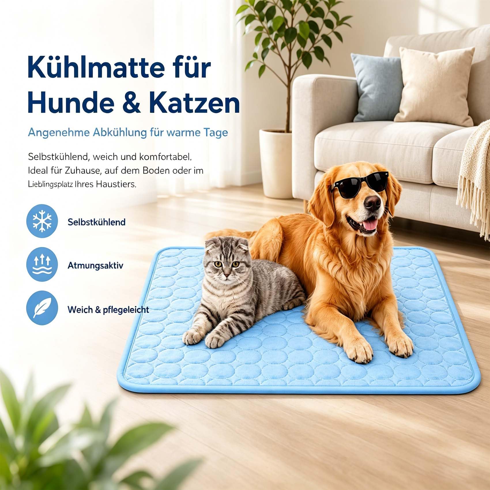 Leyof kühlmattе Katze ohne Gel, KüHlmattes füR Hunde & Katzen — Waschbar, Ideal füR Den Sommer, füR Innen- und AußEnbereich Geeignet (Blau,L)