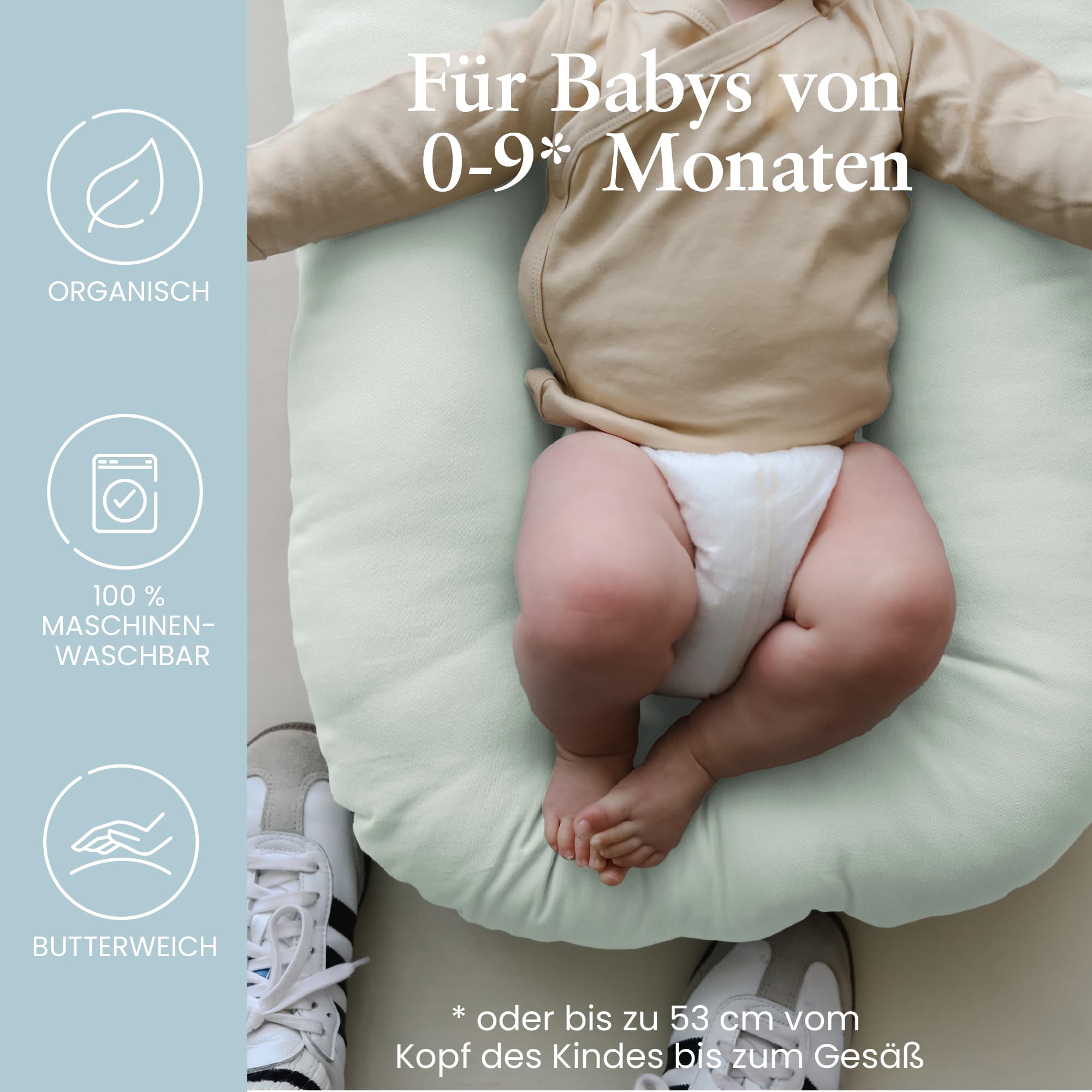 Snuggle Me® Babynest (0-9 Monate) - Premium Babynestchen aus Bio-Baumwolle mit Fiberfill, maschinenwaschbar, inkl. Reisetasche (Sage)