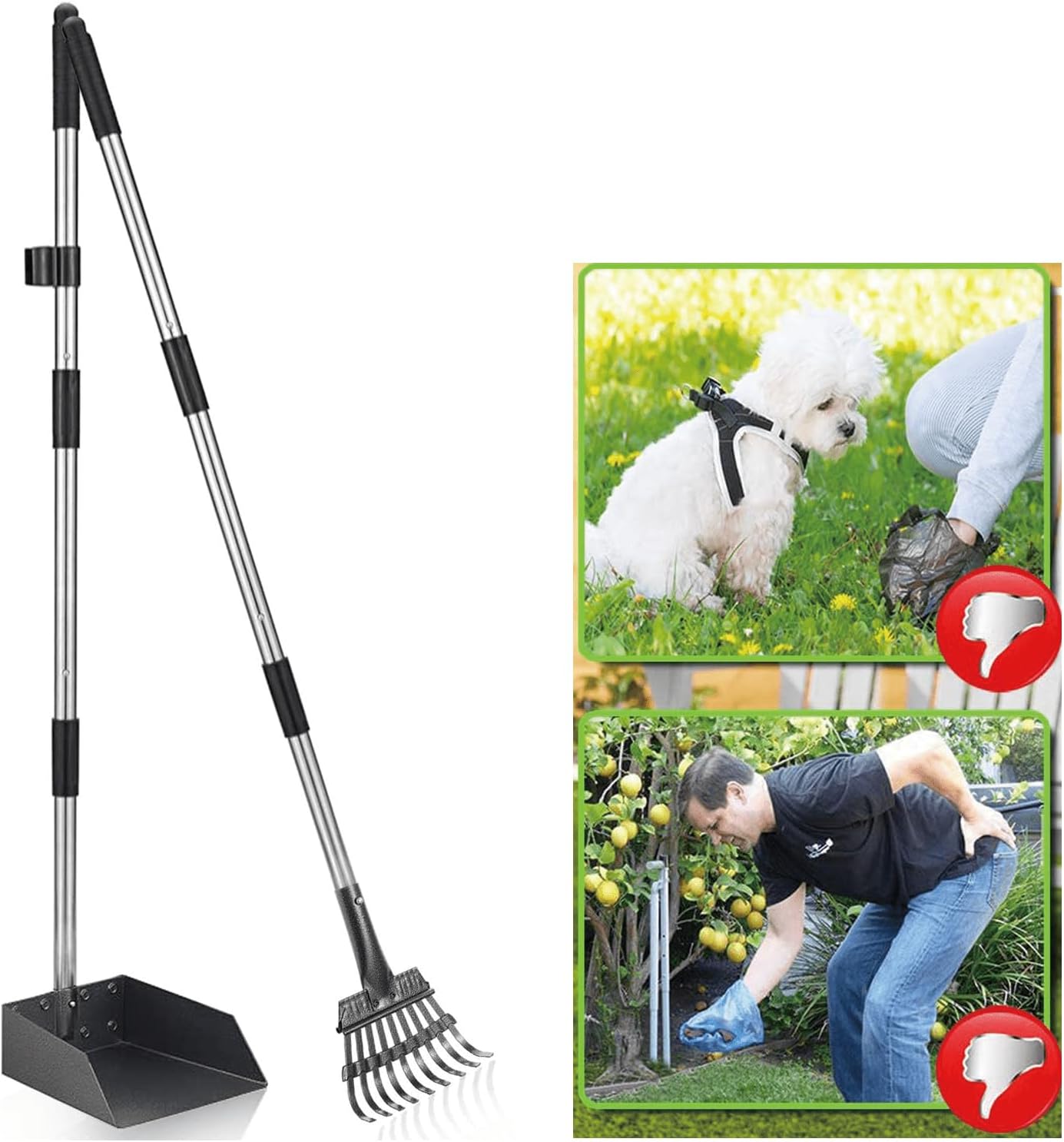 XXYL Pet Poop Tray and Rake Set for Large Medium Small - 38" Long Adjustable Handle Bin with Rake Waste Removal Scoop