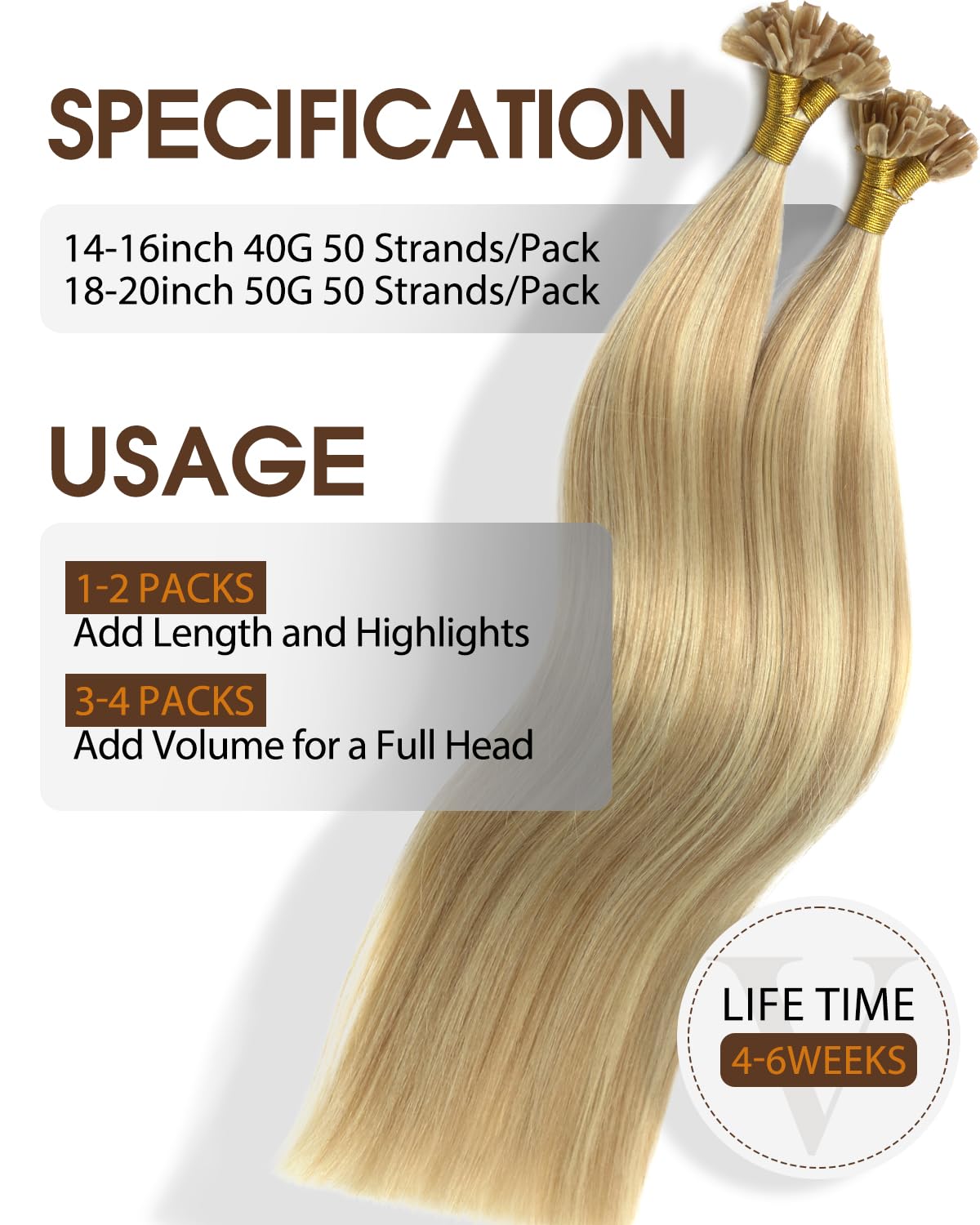 VINBAO Extension Capelli Cheratina 50Ciocche U Tip Human Hair Extension Biondo Caramello E Biondo Platino Extension Capelli Veri Cheratina 35cm 40g Capelli Umani Estensionis (#UTip27P60, 14'')