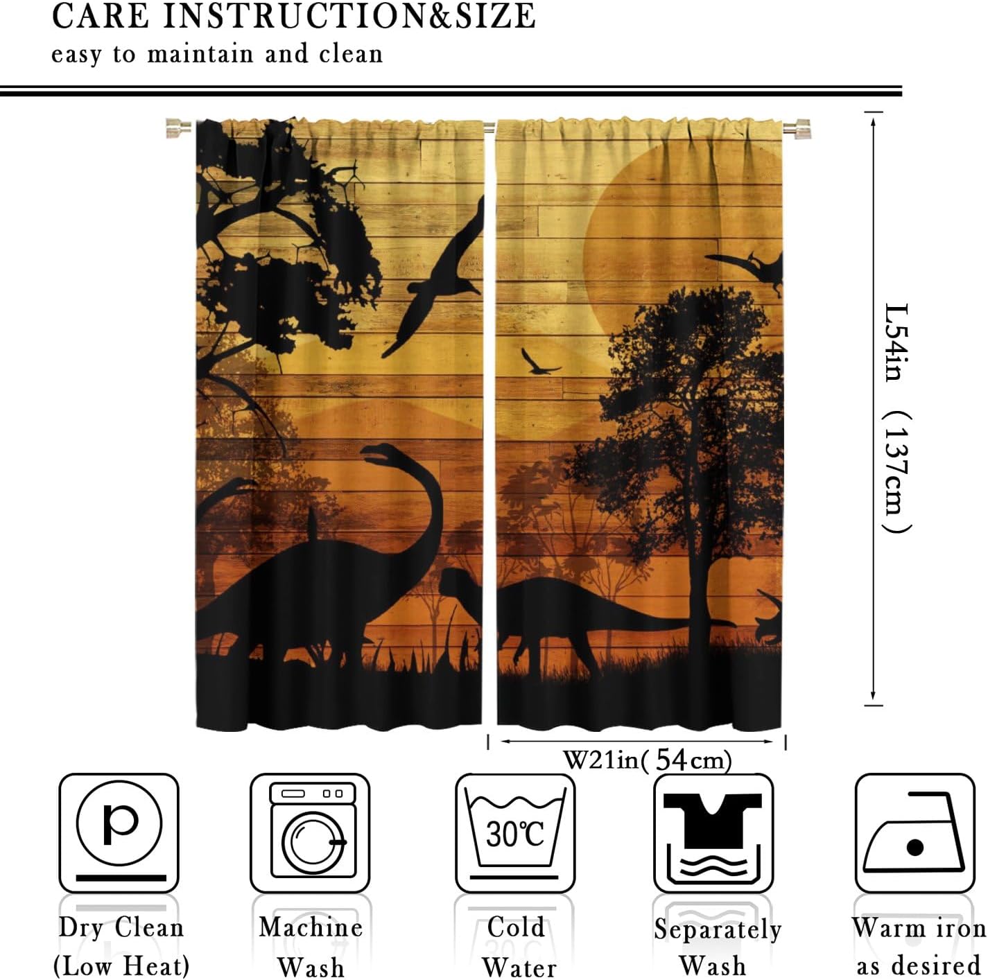 Brebasf Rustic Dinosaur Silhouette Blackout Curtains Abstract Old Wooden Board Jungle Animals Dino Prints Window&Drapes Thermal Insulated Darkening Rod Pocket Curtains 2 Panels 54" L x 21" W