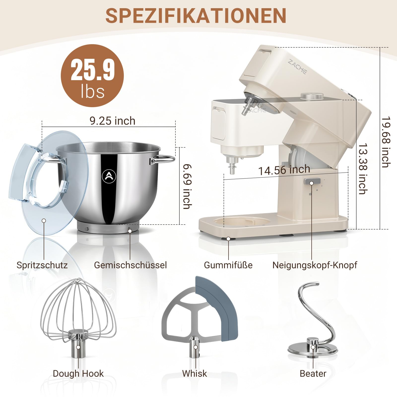 ZACME Robot de cocina de 1200 W, cuenco de acero inoxidable de 5,2 L, motor de CC silencioso, transmisión de 11 niveles, incluye 3 herramientas para mezclar (gancho para amasar, batidor, batidor