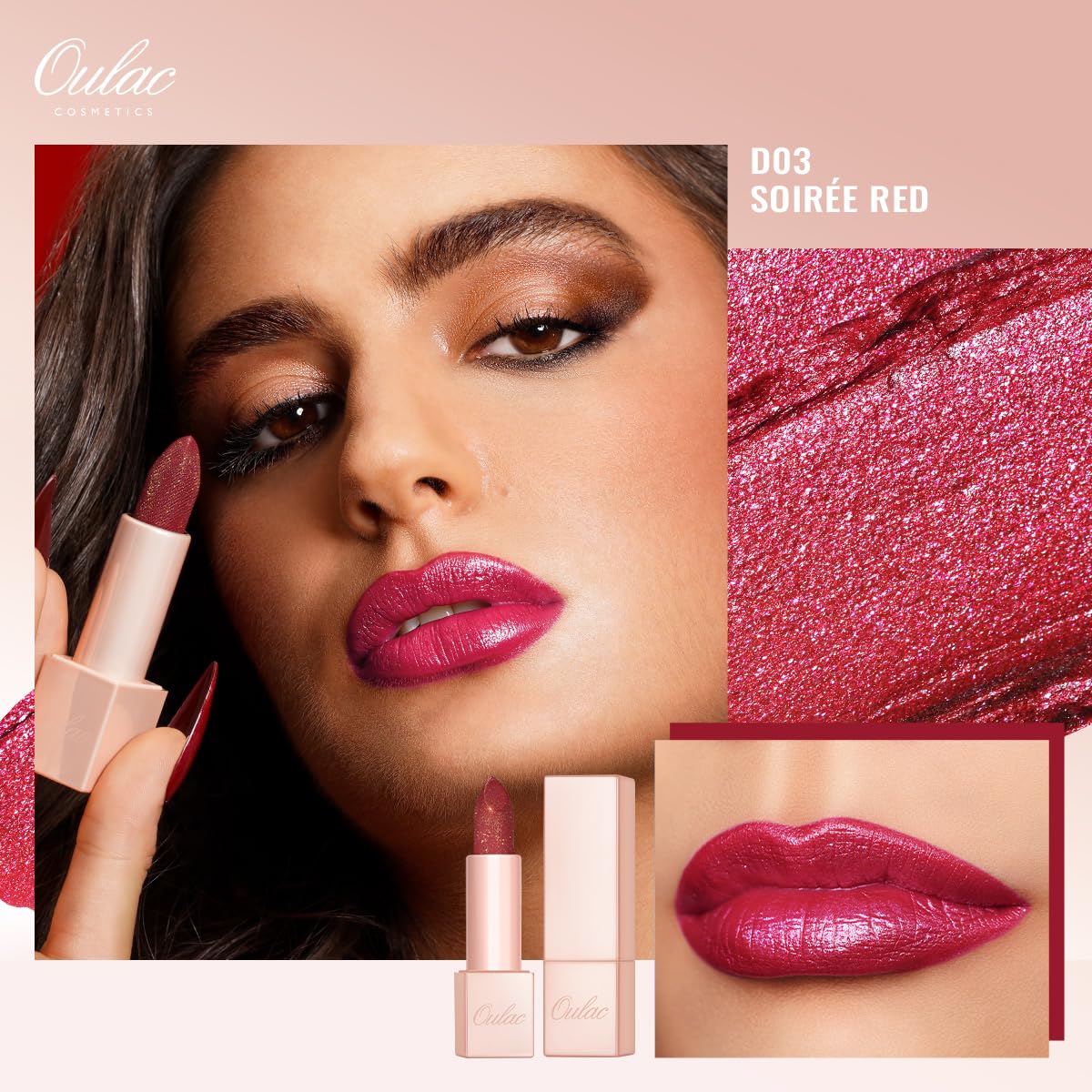 Oulac Pink Glitter Moisturising Lipstick Set, Red Shimmer Lipsticks for Women Hydrating & Smooth, Glitter Diamond Finish - Image 4