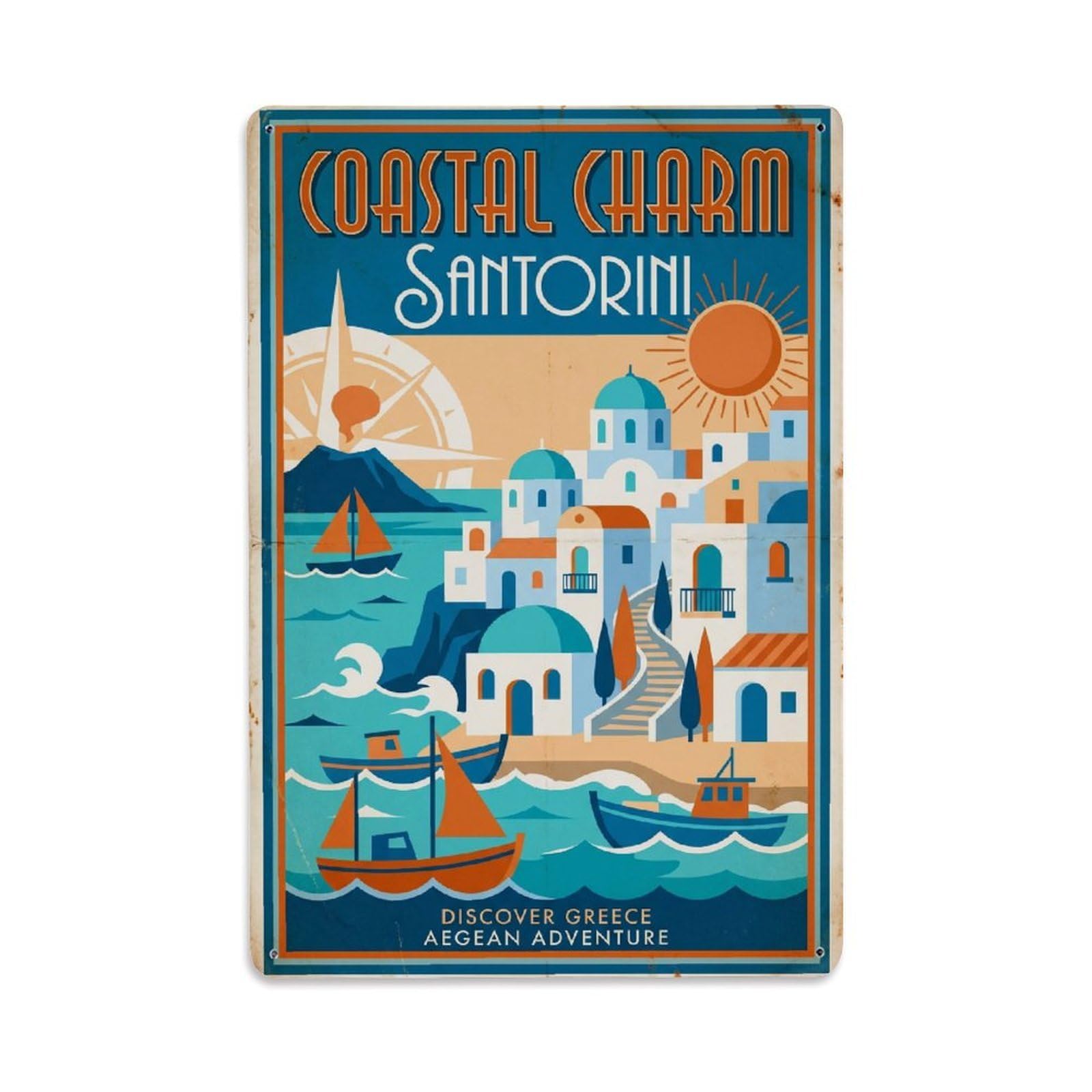 Gead 8X12inch Style Vintage Travel Santorini Coastal Charm Metal Tin Sign