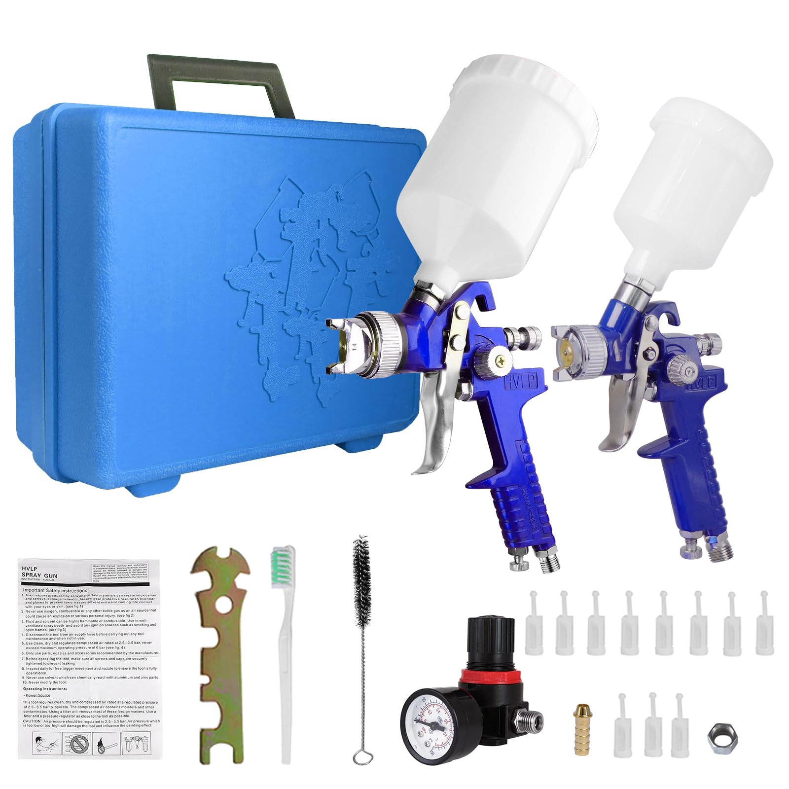 HVLP - Set di 2 pistole a spruzzo da 0,8 mm, 1,4 mm, ugelli ad aria a gravità, pistola nebulizzatrice, kit di strumenti di verniciatura a spruzzo per auto, mobili, pittura, nebulizzatore manuale