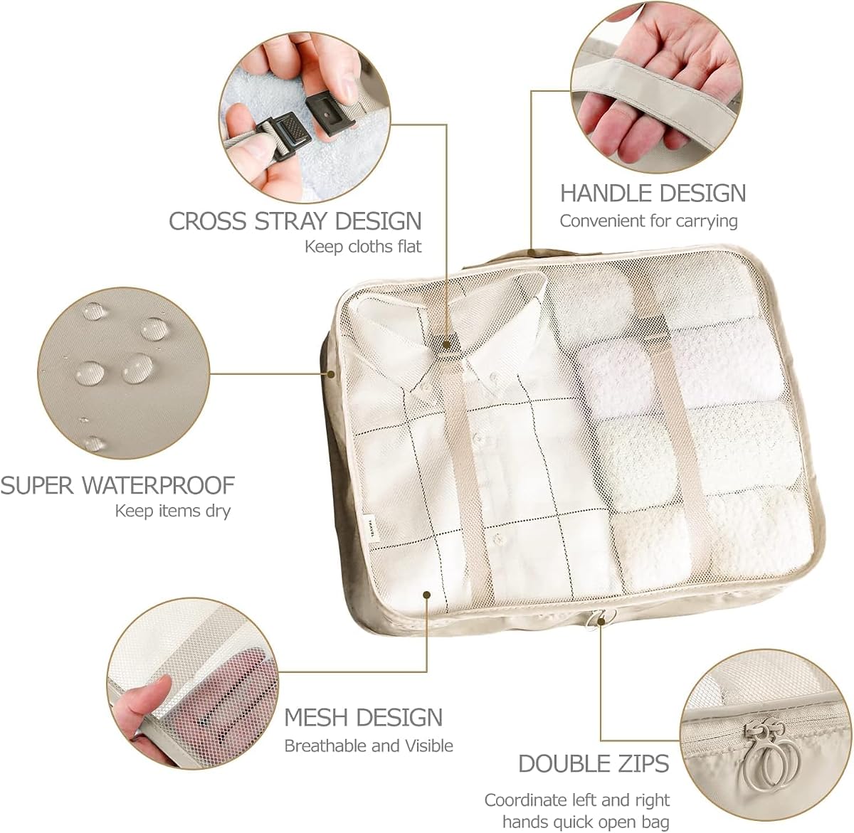 LANSKLBD Juego de 6/8 cubos de embalaje para maletas, organizadores de embalaje de equipaje de viaje, accesorios de viaje, organizador de equipaje esencial con zapatos/tioletría/bolsa de lavandería (beige, 6 juegos)