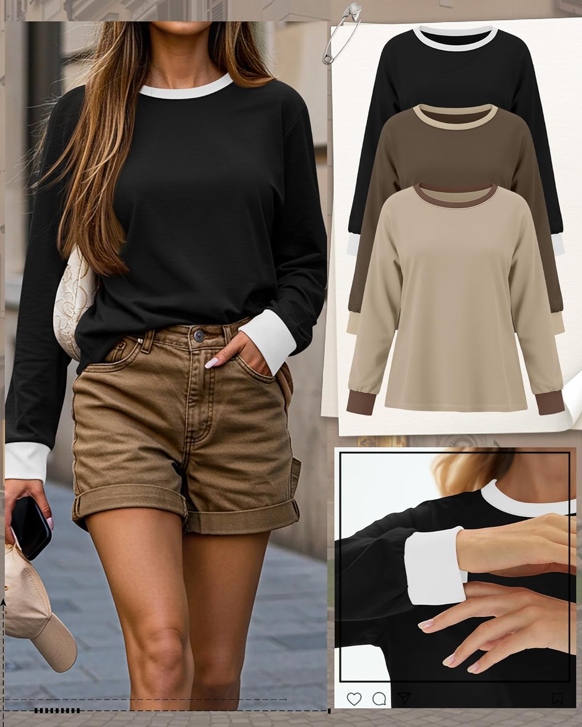 3 Pack Women's Long Sleeve Shirts Crewneck Color Block Ribbed Trim Tunic Tops Casual Fall Basic Tee Layer - Image 4
