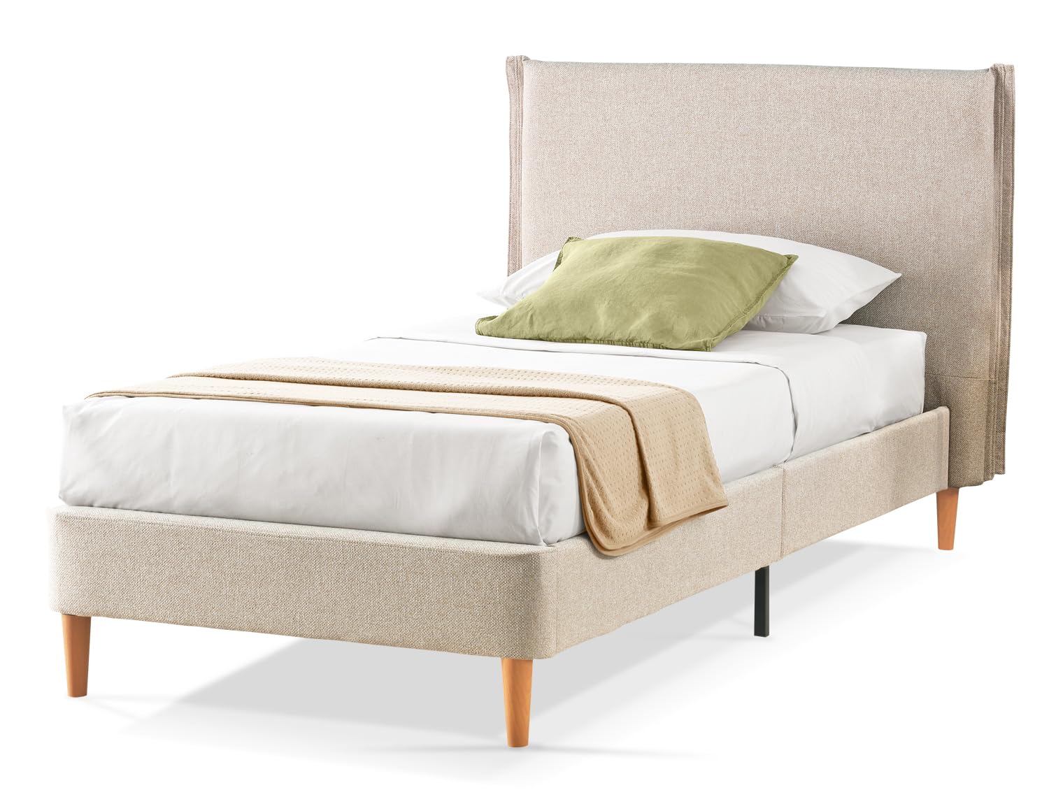 EVERGREENWEB Letto Singolo in doghe in legno con Testata e rivestimento in tessuto Beige | facile da montare |Adatto per materasso cm 90x200 | Letto di Design |Mod. Parigi