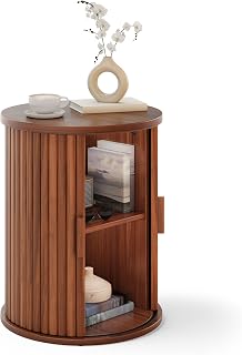 YITAHOME Runder Tisch mit Schiebetürenschrank, Beistelltisch mit 2-stöckigem Aufbewahrungsregal für Schlafzimmer, Esszimmer, Wohnzimmer, Home Office, oder Wohnung, Kleiner Couchtisch/Nachttisch