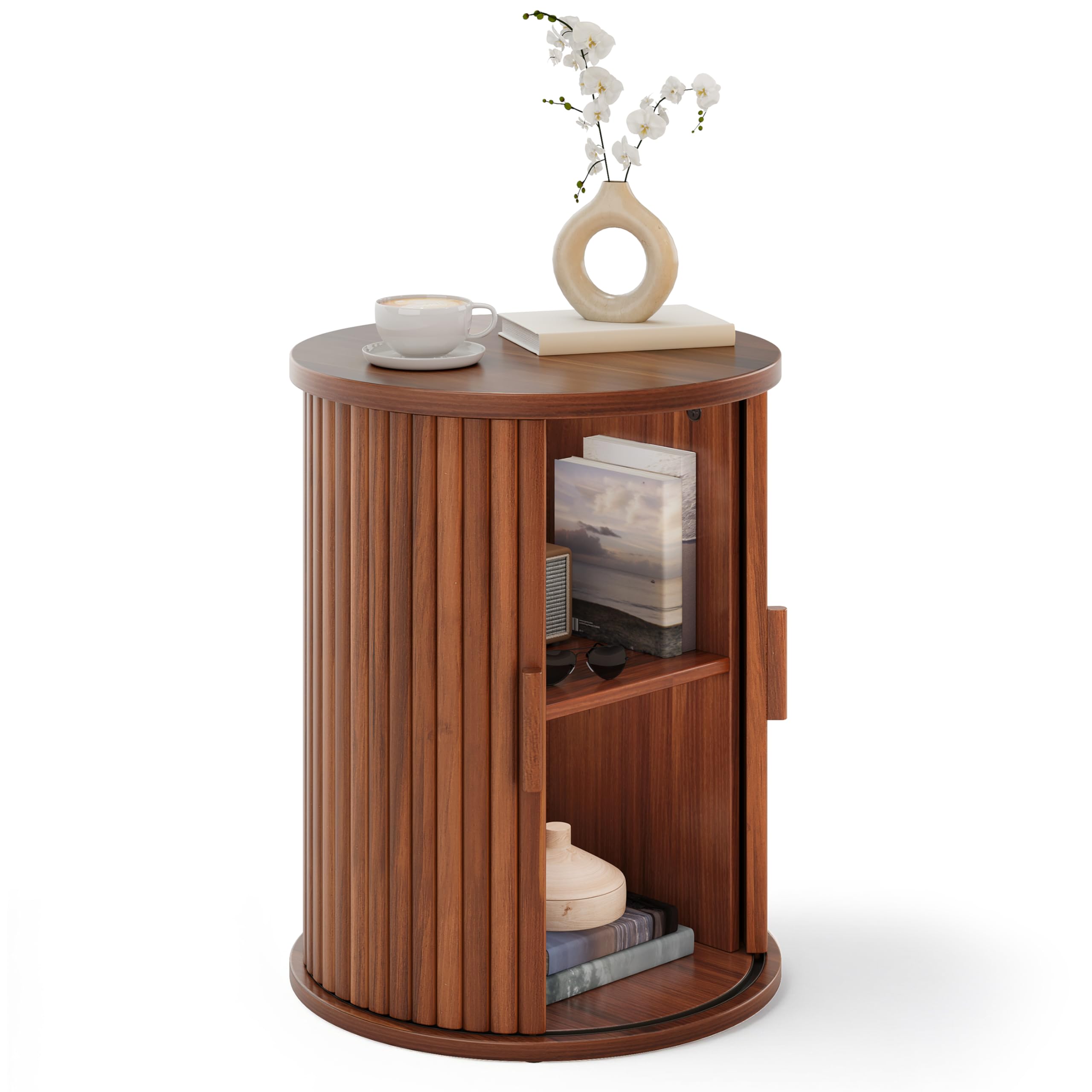 YITAHOME Mesa Redonda con Armario de Puerta corrediza, Mesa Auxiliar con Estante de Almacenamiento de 2 Niveles para Dormitorio, Comedor, Sala de Estar, Oficina en casa o apartamento, Mesa de café