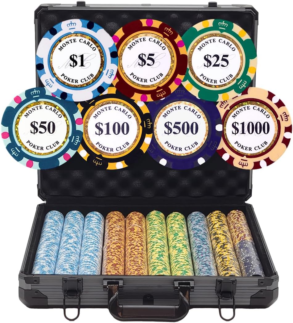 1000pcs 14g Monte Carlo Poker Club Poker Chips Set with Custom Build (1000 Chips Acrylic Case)