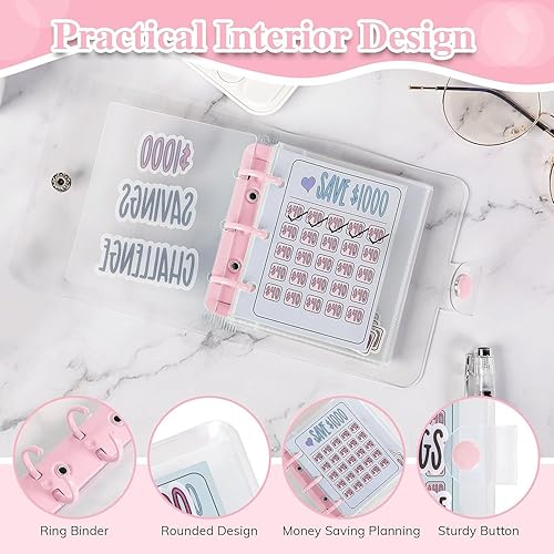 Miniatura 4 de Mini carpeta de desafíos de ahorro de 1000  Carpeta de presupuesto para ahorrar dinero, libro de desafíos con 25 hojas de sobres, ranura para