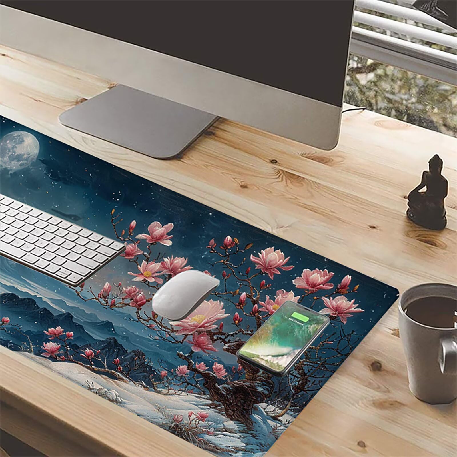 Flores De Cerezo Alfombrilla Ratón Gaming XXL 1500 x 800 mm, Alfombrilla Gaming Azul Mousepad con Base de Goma Antideslizante, Impermeable Desk Mat para Teclado y Raton Accesorios Gaming, Regalos 8-0