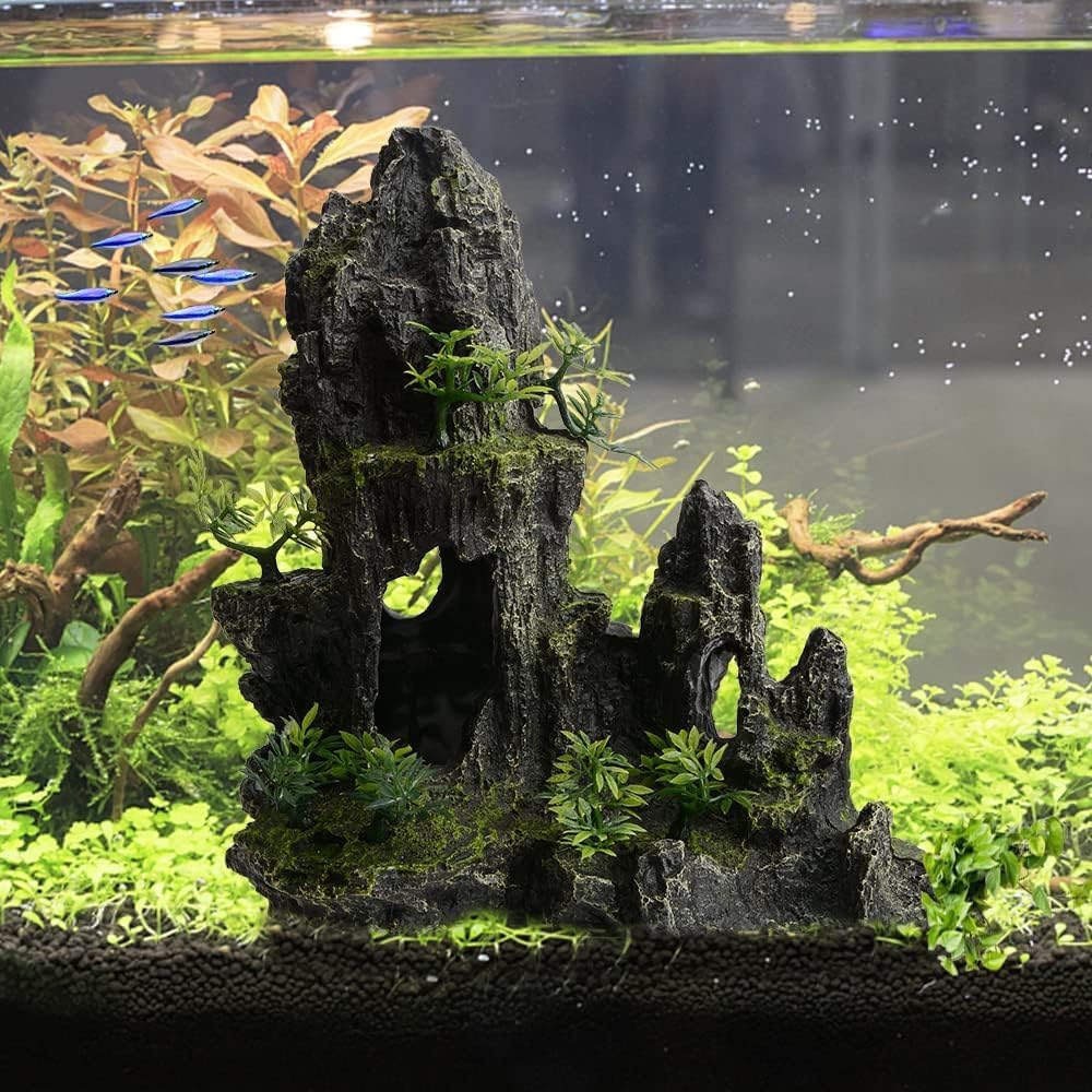 Aquarium Decorations Large Mountain View Stone Rock Cave Resin Betta Shrimp Hideout Ornaments with Small Plants Fish Tank Decorations