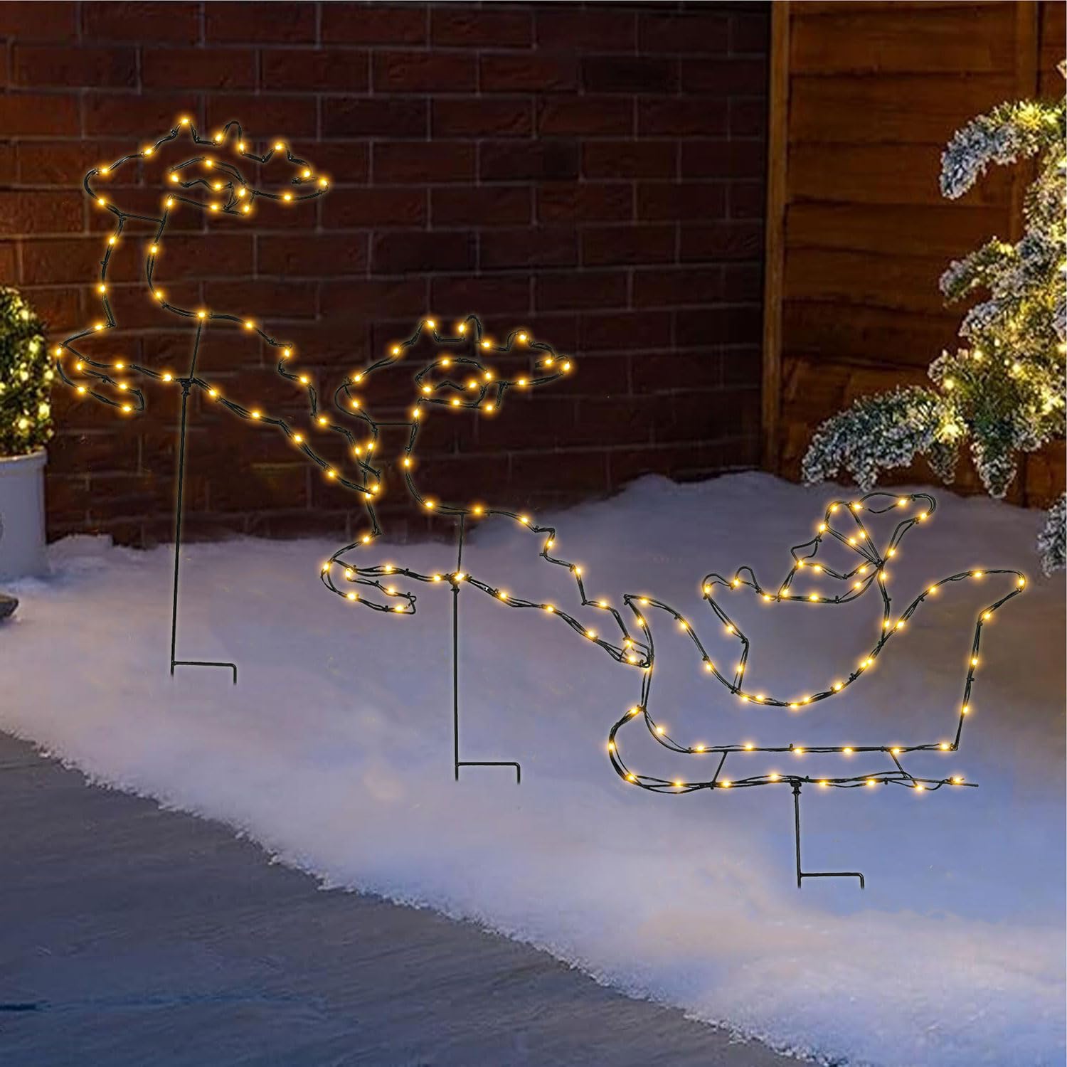 Taylor & Brown Set of 3 Christmas Pathway Lights Reindeer & Sleigh Lights, 150 LED Pathway Stake Decorations, 8 Lighting Modes, Battery Powered with Timer, Indoor Outdoor