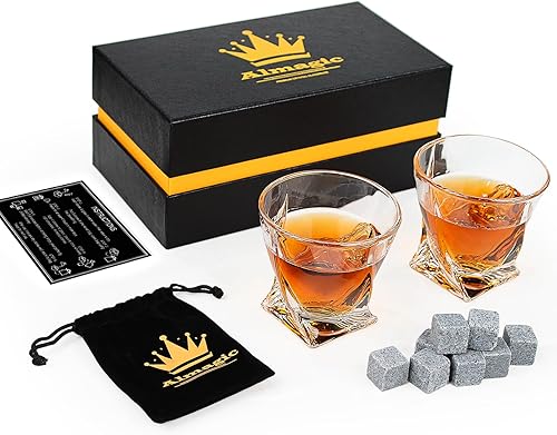 Almagic Juego de regalo de whisky juego de vasos de bourbon de 29 piedras de whisky y 2 vasos de whisky 10 onzas juego de vasos de burbon para