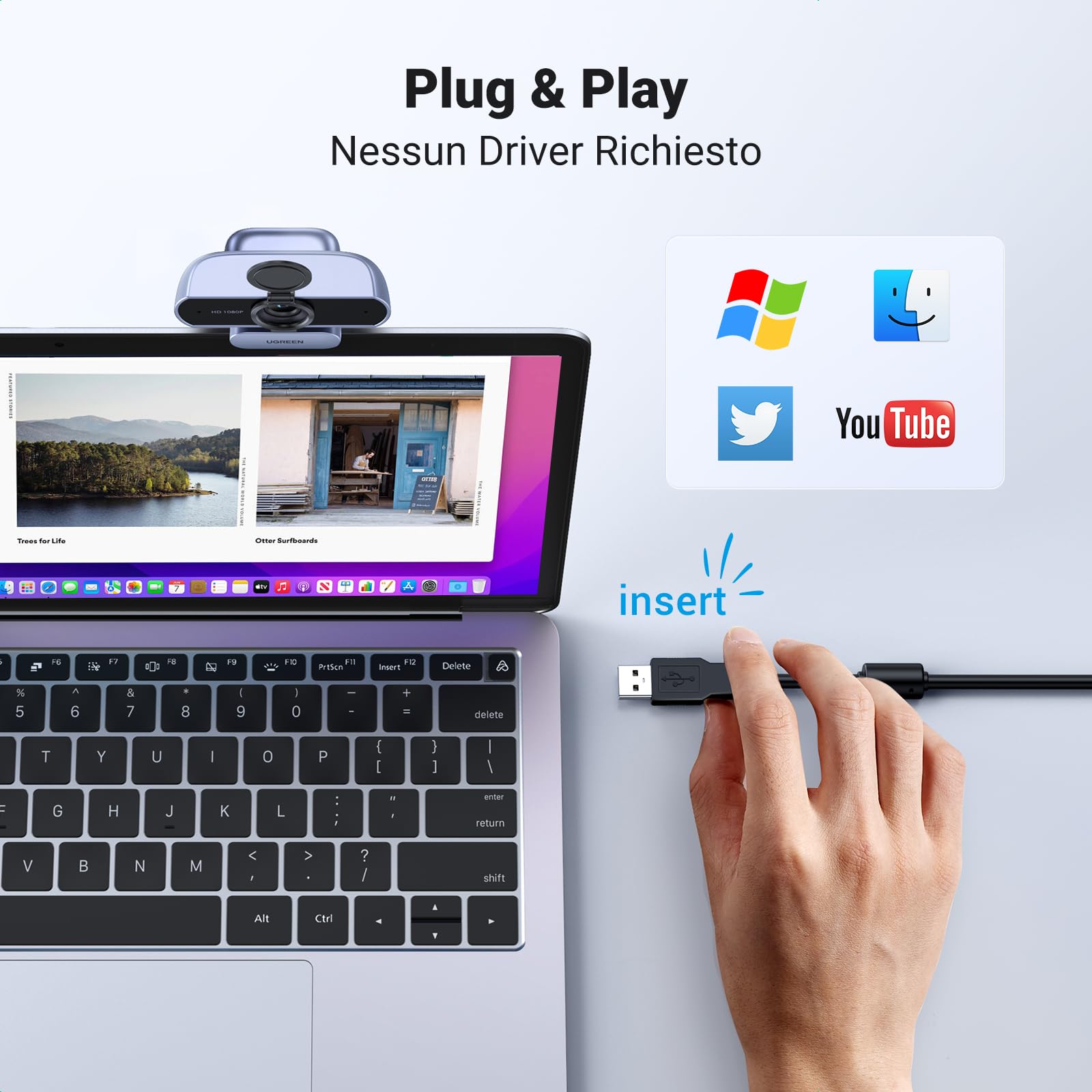 UGREEN Webcam Full HD 1080P 30FPS USB A PC Camera 2 Microfono Incorporato 85°Angolo di Visione per Windows MacOS Linux Supporto Youtube Streaming Skype Video Calling Zoom Videoconferenze(Grigio)